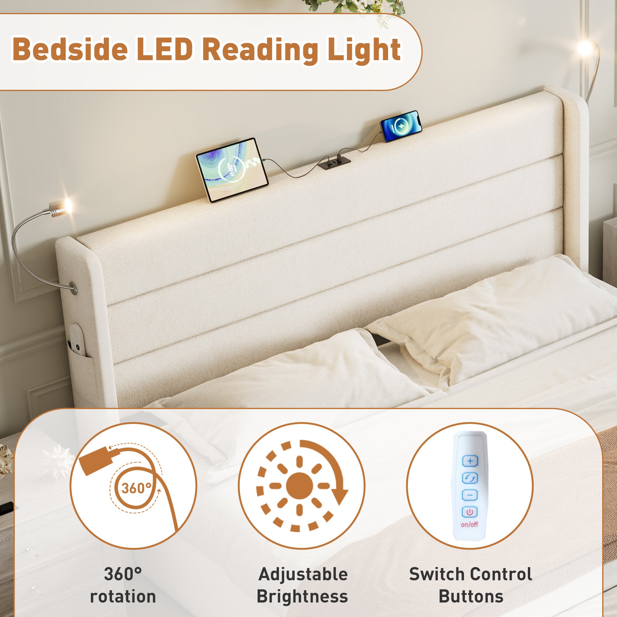King Upholstered Bed with Charging Station, Linen Hydraulic Storage Bed with Adjustable LED Reading Light, 5ft Double Bed with USB and Type - C Ports, Beige (No Mattress)