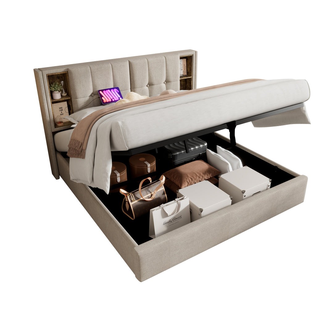 Upholstered Bed 5FT King Size Bed 150 x 200 cm with Wireless Charging(USB Type-C), Hydraulic Bed with Large Storage Space, Linen Fabric, Natural (No Mattress)