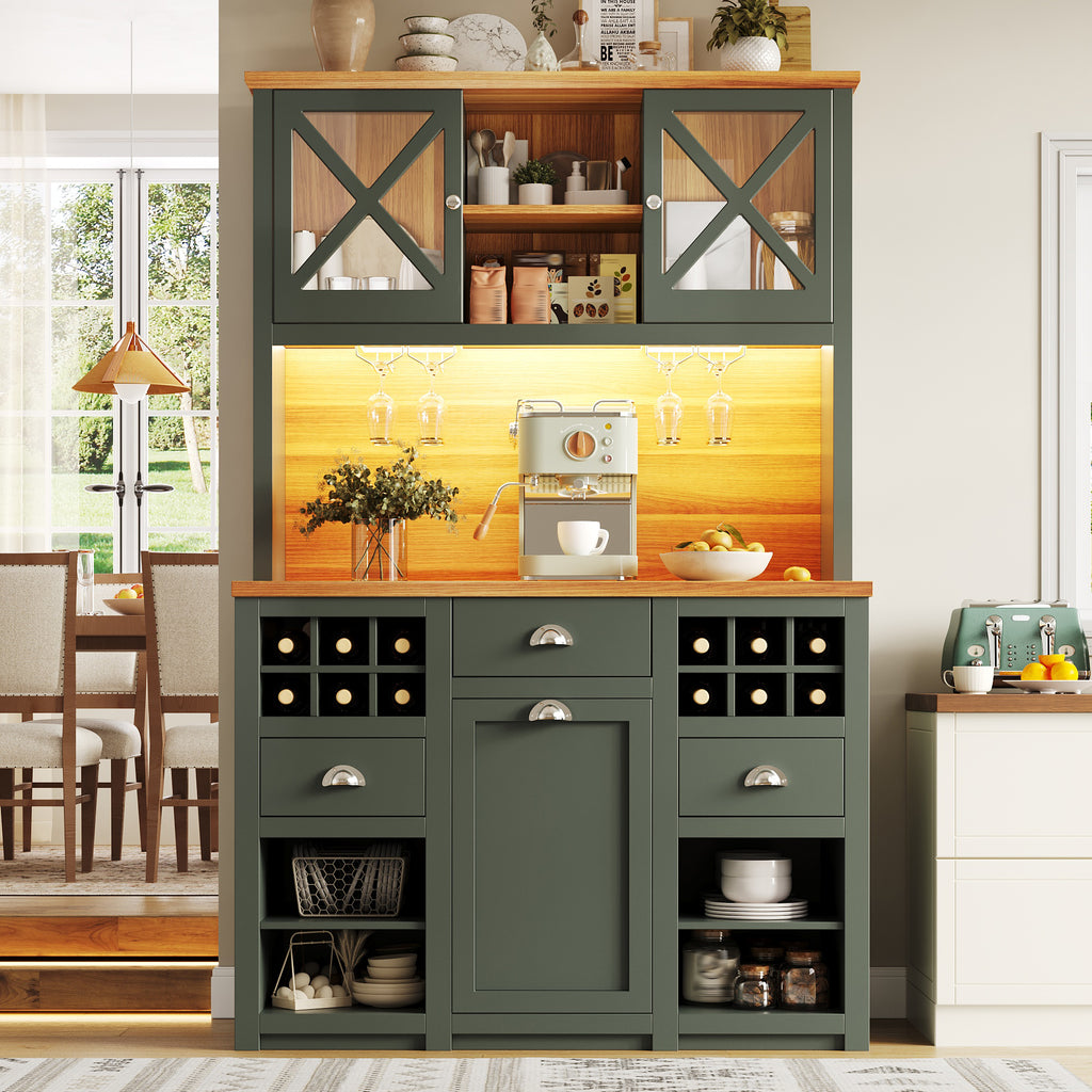 Kitchen cabinets (120 x 45 x 188 cm), tall kitchen cabinets, sideboards, kitchen cabinets with glass doors and LED lighting, side cabinet with wine rack, adjustable shelves, green