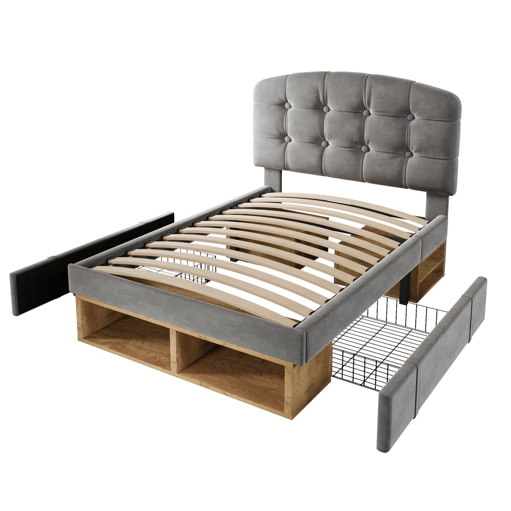 Upholstered Single Bed with Storage Compartments and Drawers, 3ft Single Bed with Adjustable Headboard, 90 x 190 cm, Velvet, Grey (No Mattress)