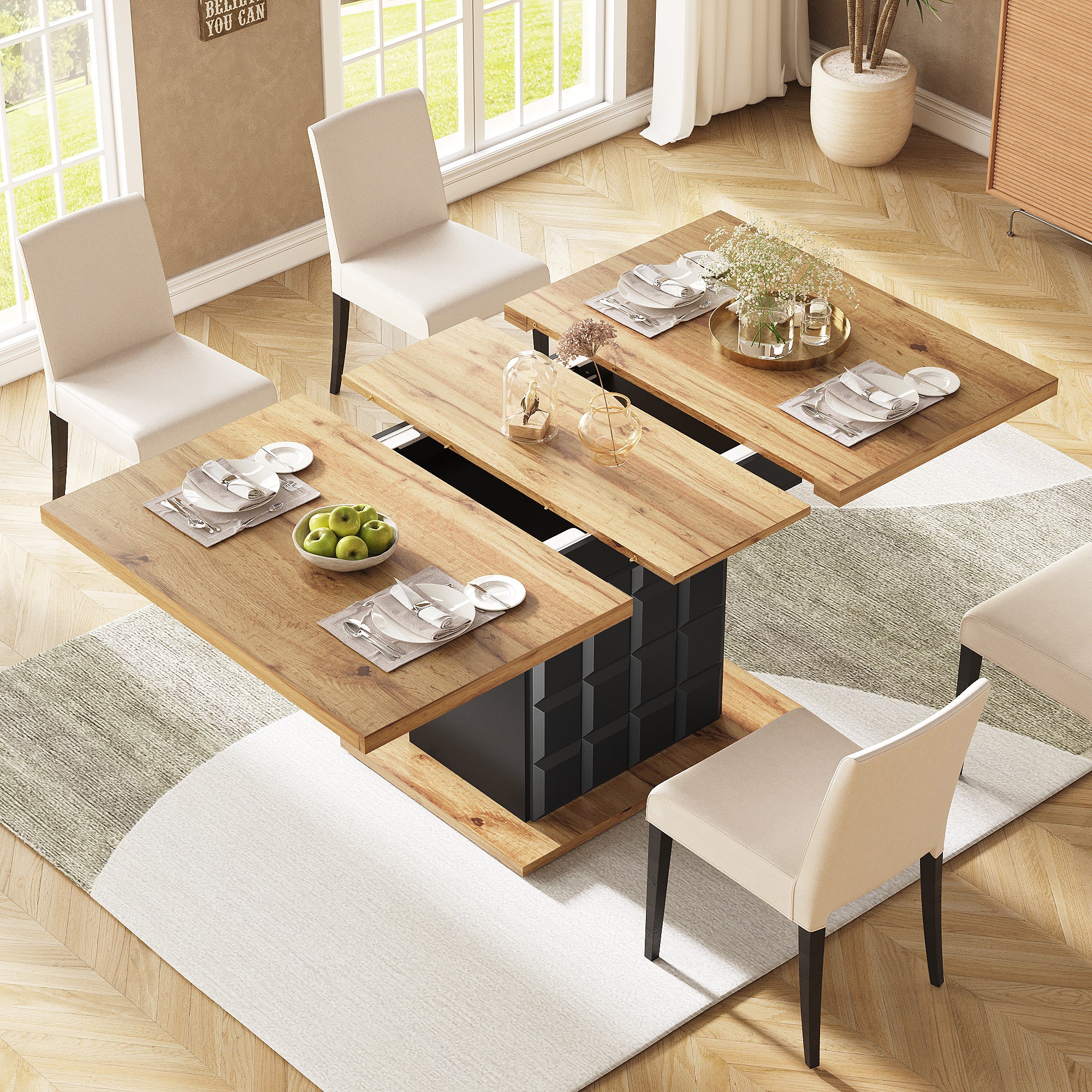 Telescopic dining table (110-140×80cm), foldable kitchen table for 4-6 people, extendable dining table, space-saving kitchen table, for kitchen and living room, table with a checked pattern