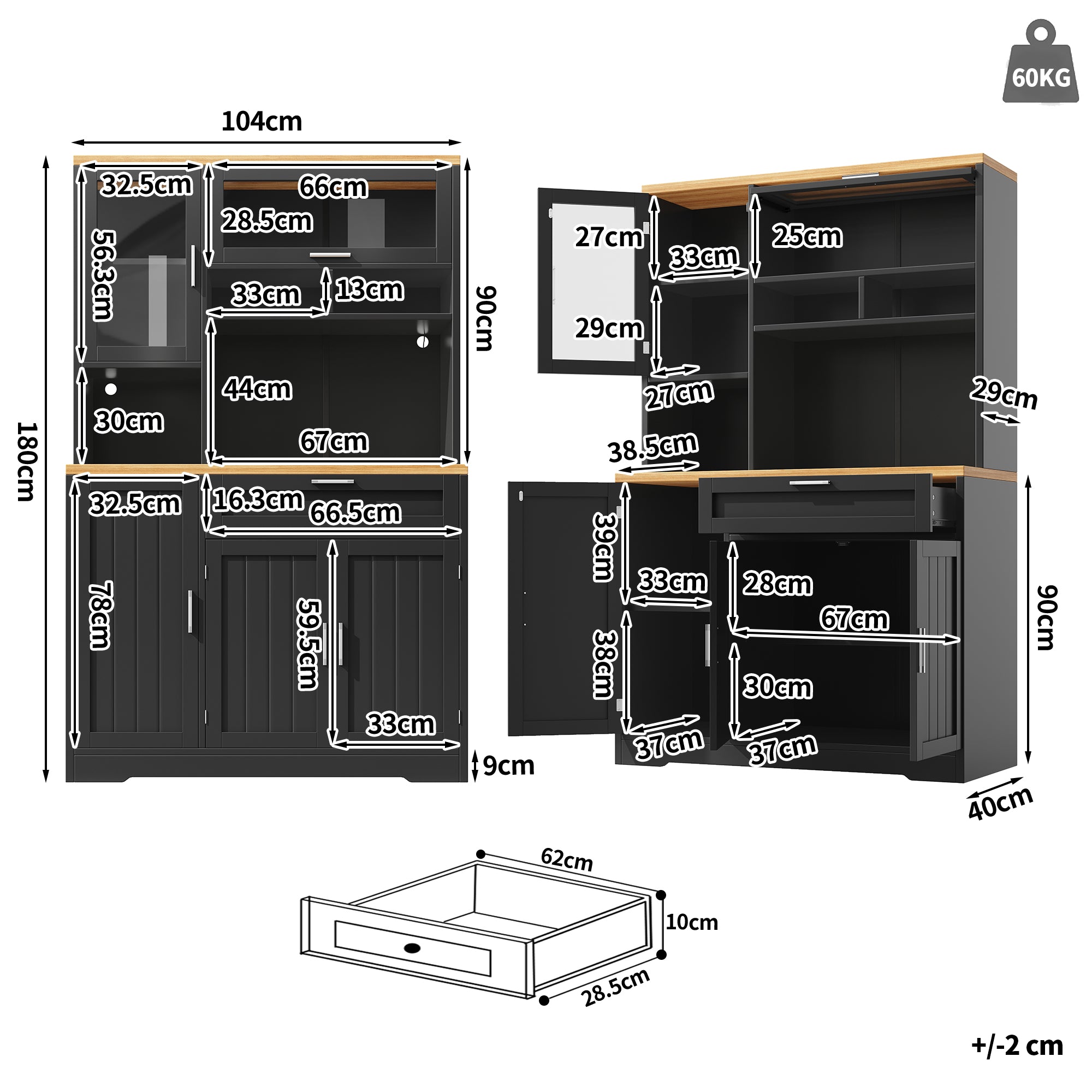 Tall Display Cabinet with LED Lighting - 104x40x180 cm Kitchen & Living Room Storage, White/Black