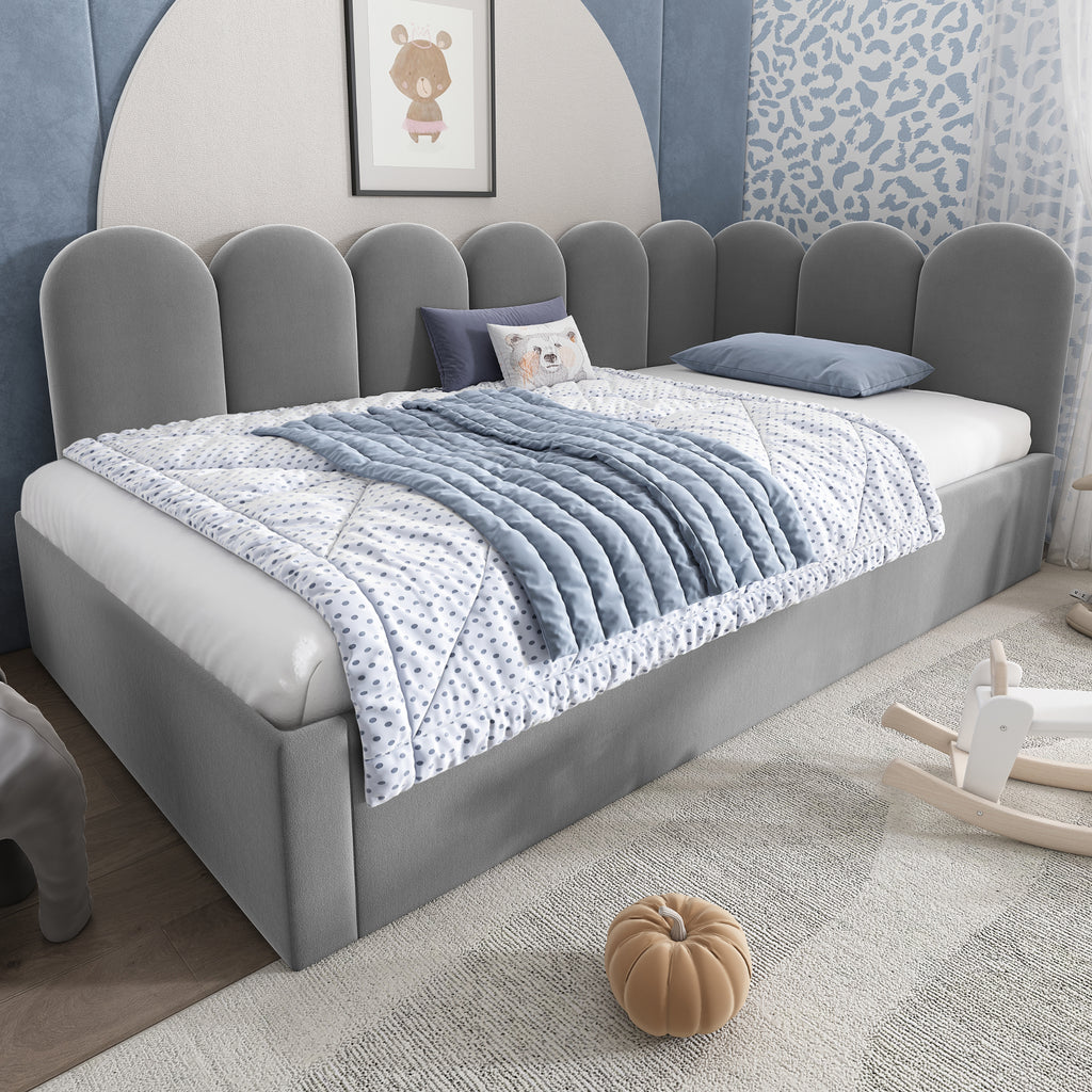 Upholstered Bed Daybed with Pull-Out Bed, 3FT Single Sofa Bed 90 x 190 cm, Guest Beds for Adults and Children, Bed with Slatted Frame, Velvet, Grey (No Mattress)