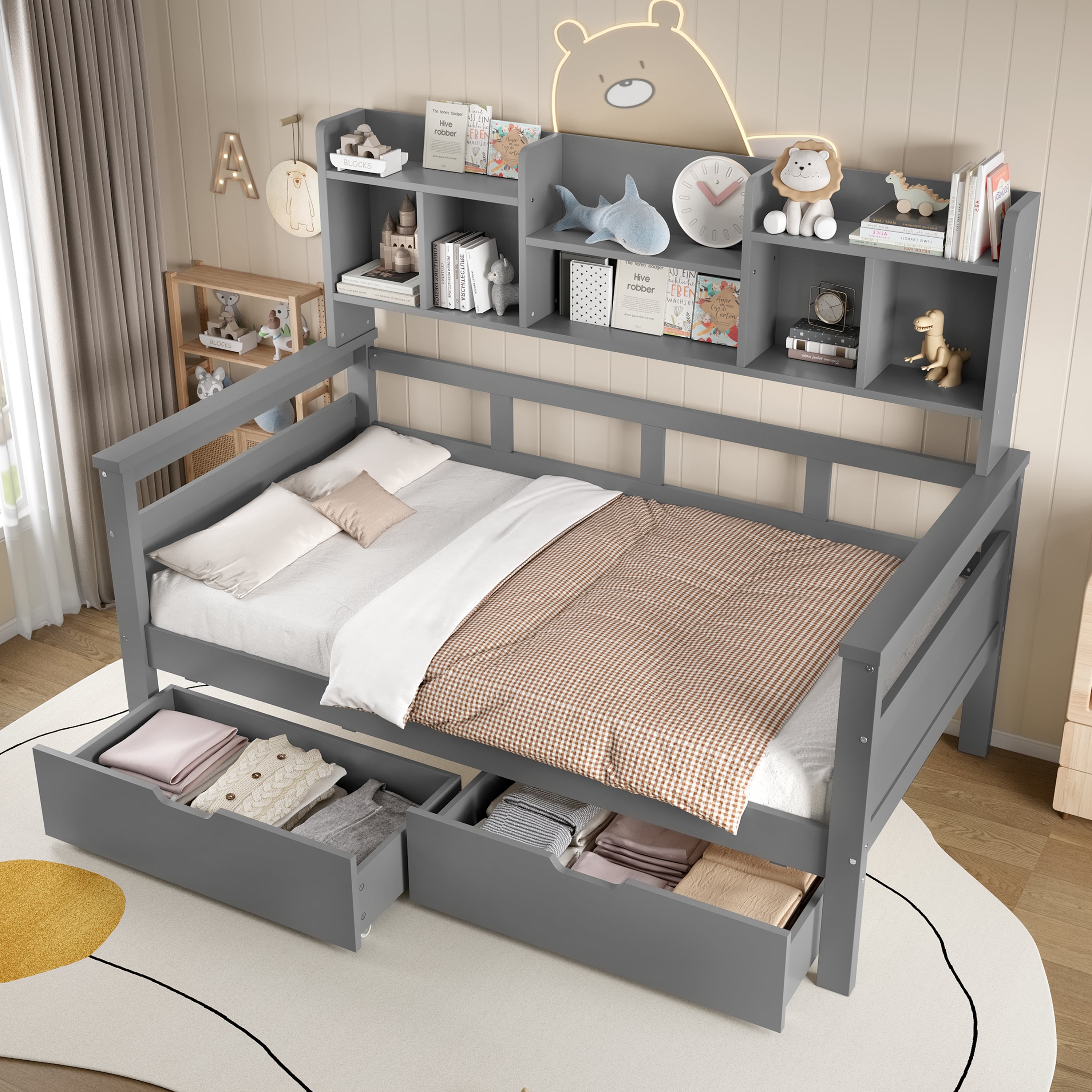 3ft Single Beds for Kids with Two Storage Drawers and Bookcase headboard, Wooden Bed Frame with Storage and Guardrail, Space-Saving Design for Bedroom, Dorm and Study Room, Grey (No Mattress)