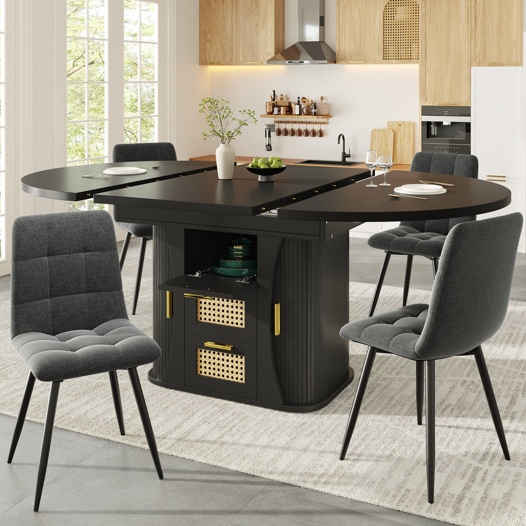 Extendable dining table with storage, 118–158cm table with rattan drawers, MDF wood look, black / natural wood / oak look