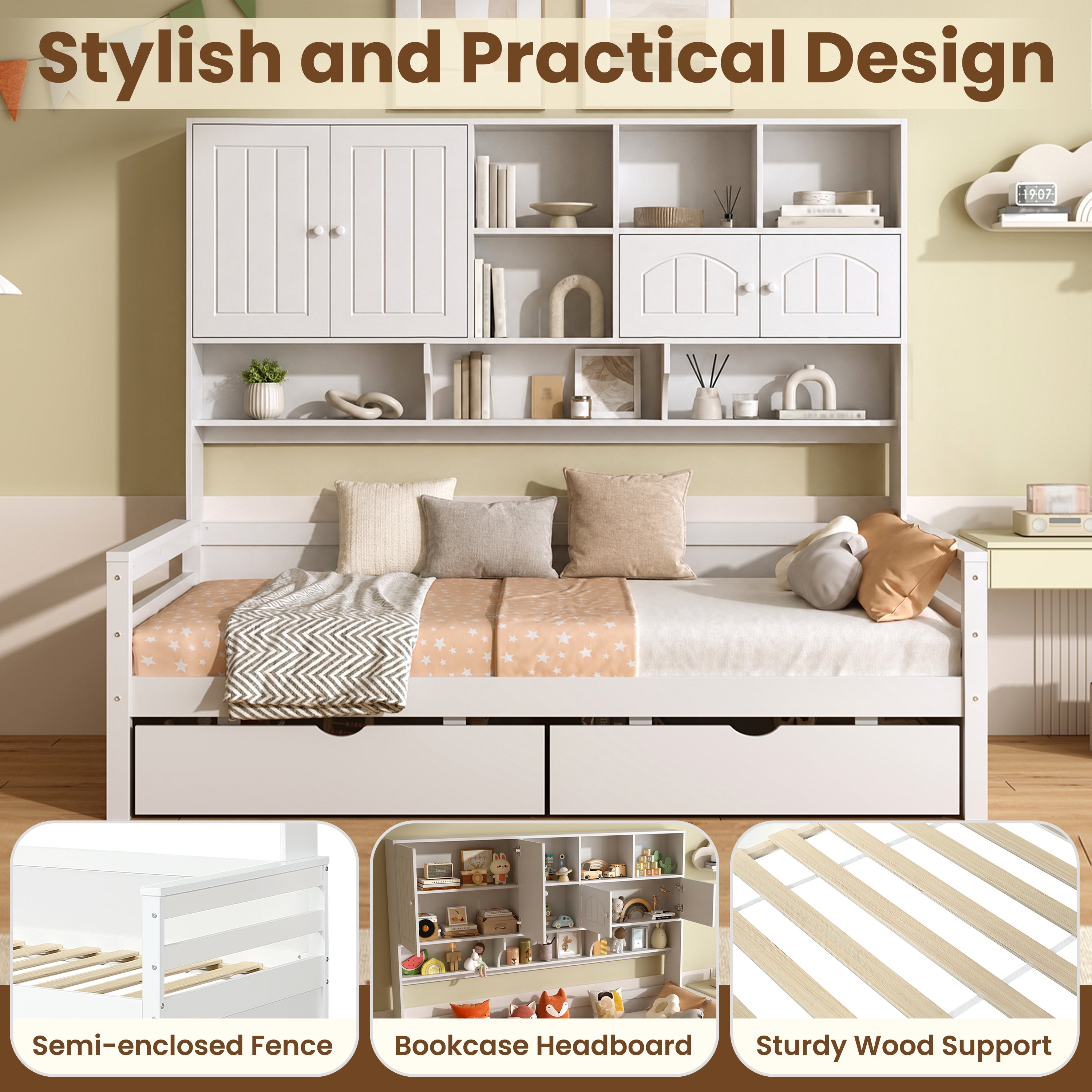 3ft Single Bed with Two Storage Drawers and Bookcase headboard, Wooden Bed Frame with Storage and Guardrail, Space-Saving Design for Bedroom, Dorm and Study Room, White (No Mattress)