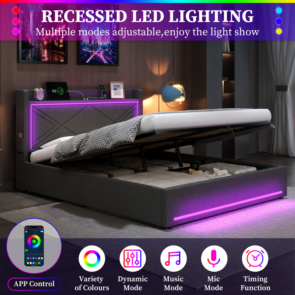 4ft6 Double Upholstered Bed Frame with Hydraulic Storage,  Linen Ottoman Bed with LED Lighting and Charging Station, USB and Type - C Ports, No Box Spring Needed, Grey (No Mattress)