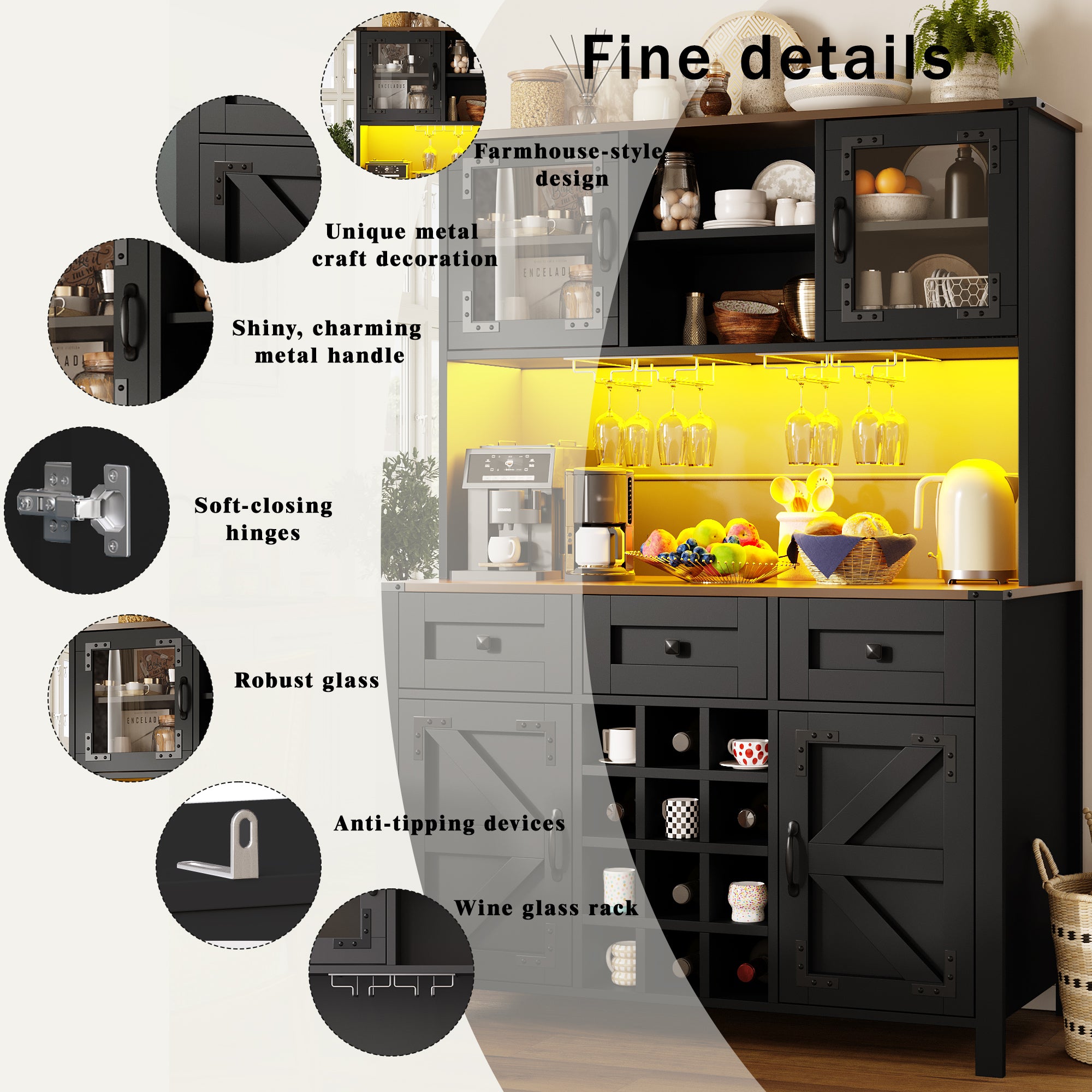 Tall Kitchen Cabinet with 4 Doors & 3 Drawers, USB Ports & Power Outlets, LED Light Strip, Modern Storage Sideboard, Side Cabinet for Kitchen & Living Room, 120 x 40 x 170 cm, Black