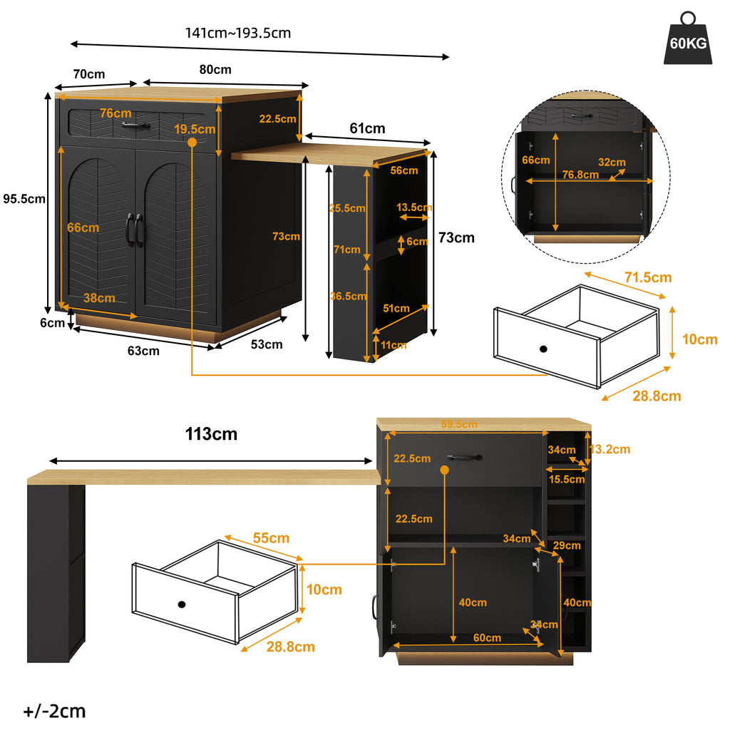 Extendable Kitchen Island with Dining Table, Multifunctional Storage Cabinet with Drawers, Doors, Wine Rack & LED Light, for Kitchen & Dining Room