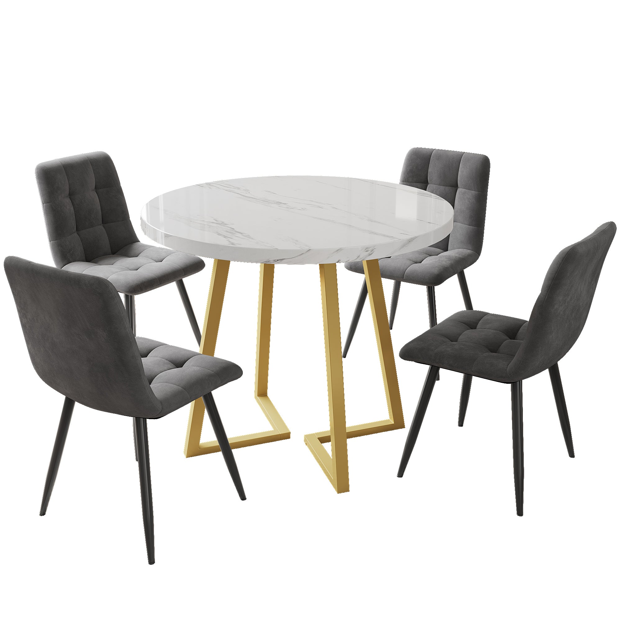 Dining Table Set (5 Pieces), Dining Table Set with 4 Chairs, Modern Kitchen Table Set, 80 cm Diameter Round Kitchen Table with Gold Metal Legs, White MDF Table Top, Dark Grey Velvet Dining Chairs