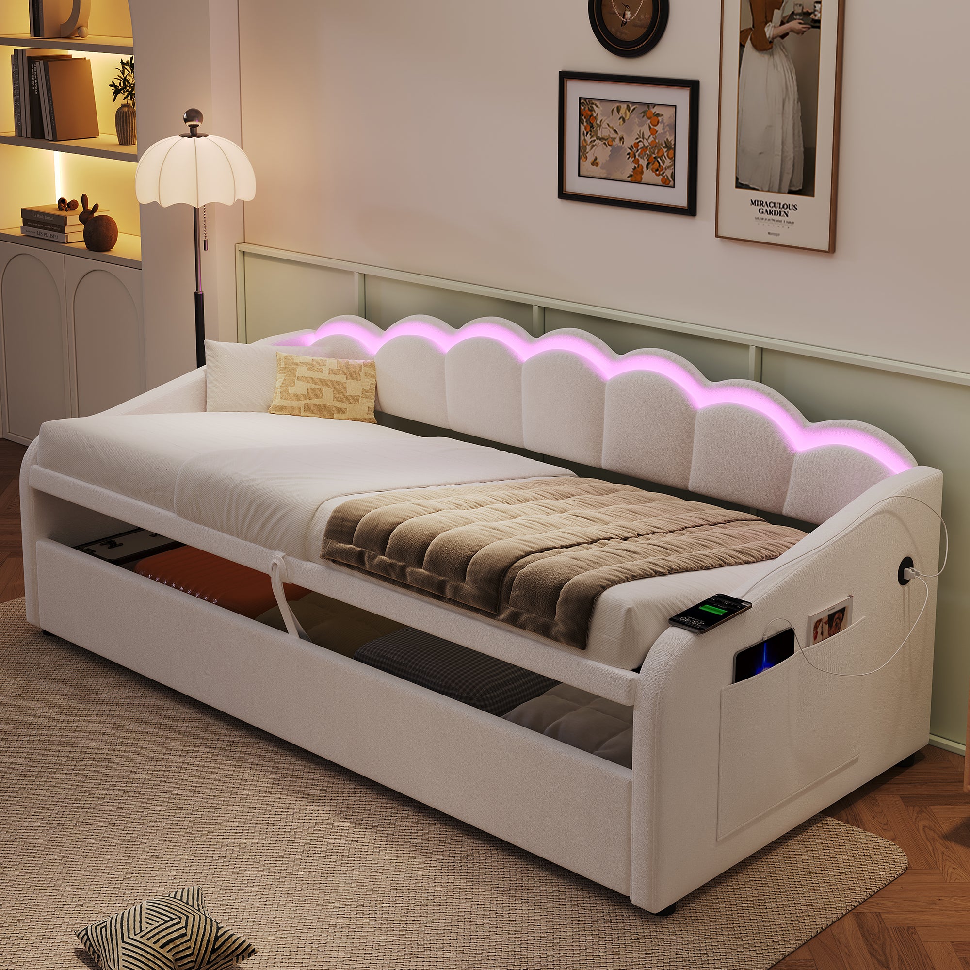 Upholstered Bed 90x190cm, Daybed, RGB LED Sofa Bed with Charging Station, 3ft Petal Shape Single Bed with Hydraulic Storage for Living Room/ Bedroom/ Study Room, Velvet, Beige (No Mattress)