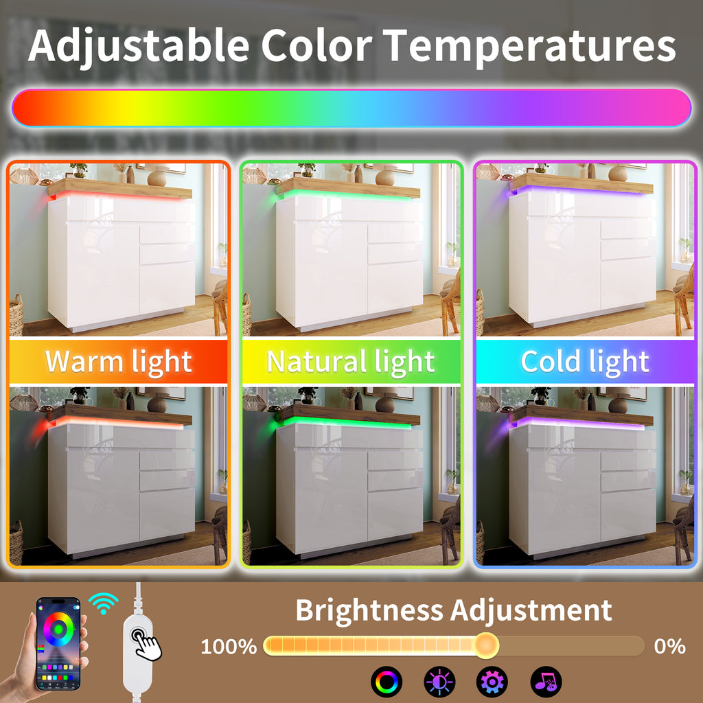 Chest of Drawers,High-gloss Sideboard Cabinet with 2 Doors and 3 Drawers,Storage with RGB LED(App-controlled),Multi-purpose Cabinet for Living Room and Bedroom, 115 x 110 x 39 cm, White
