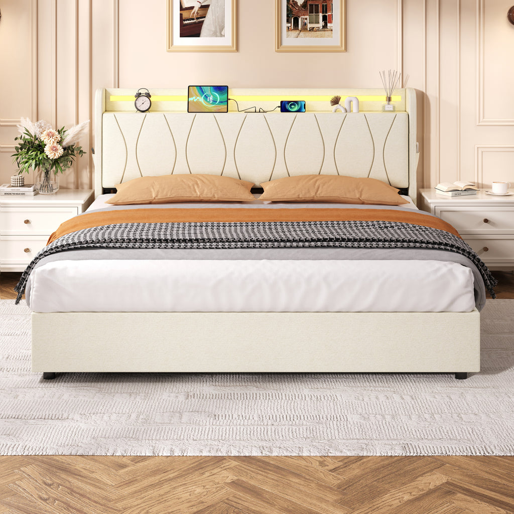 5ft King Upholstered Bed Frame with Hydraulic Storage, LED Headboard with Charging Station and Concealed Headboard Storage, USB and Type - C Ports, Linen, No Box Spring Needed, Beige (No Mattress)