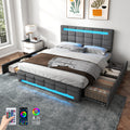 4ft6 Double Upholstered Bed with LED Lighting and Storage Drawers, Linen Fabric Storage Bed Frame with Adjustable Button Tufted Headboard, No Box Spring Needed, Easy Assembly, Grey (No Mattress)