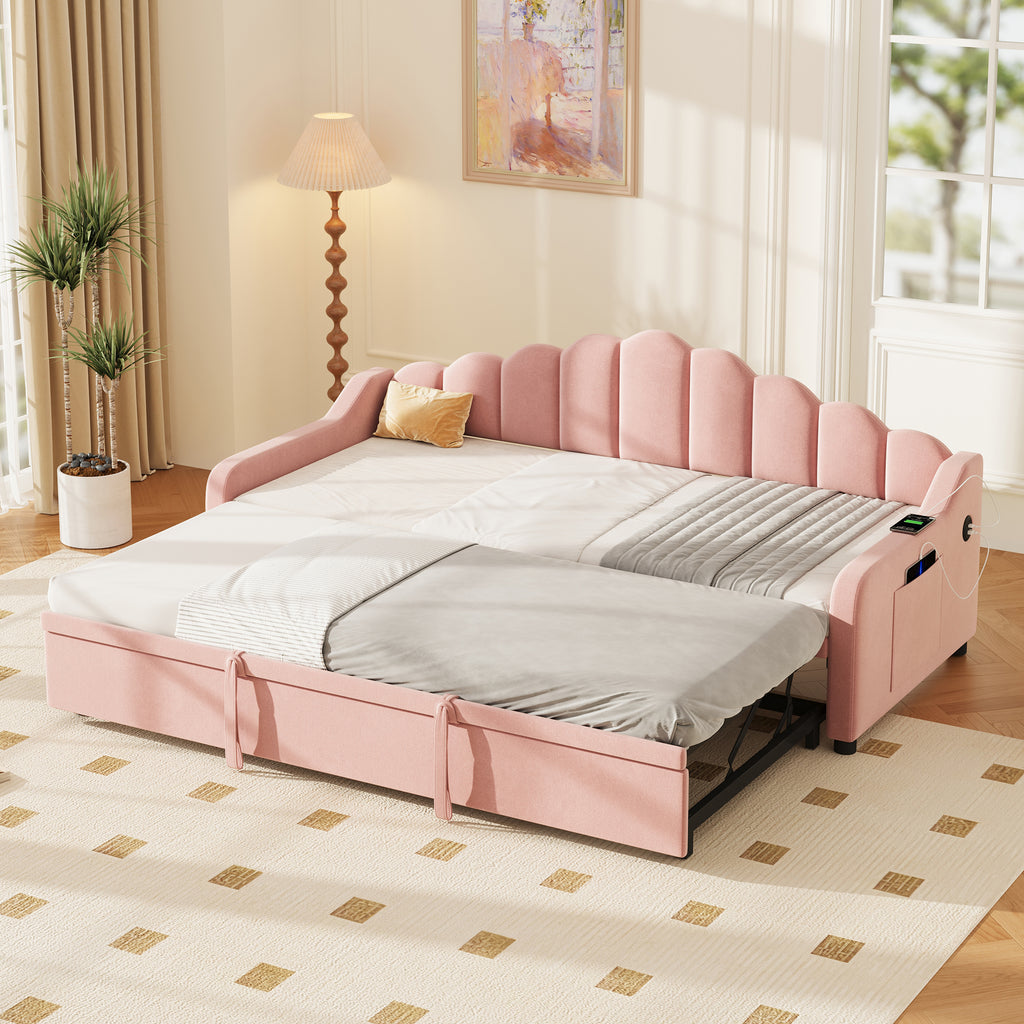 3ft Single Daybed with Pull-out Trundle, Velvet Upholstered Sofa Bed with Side Charging Station & Storage Pockets, Chic Fluted Scalloped Backrest, Pink (No Mattress)