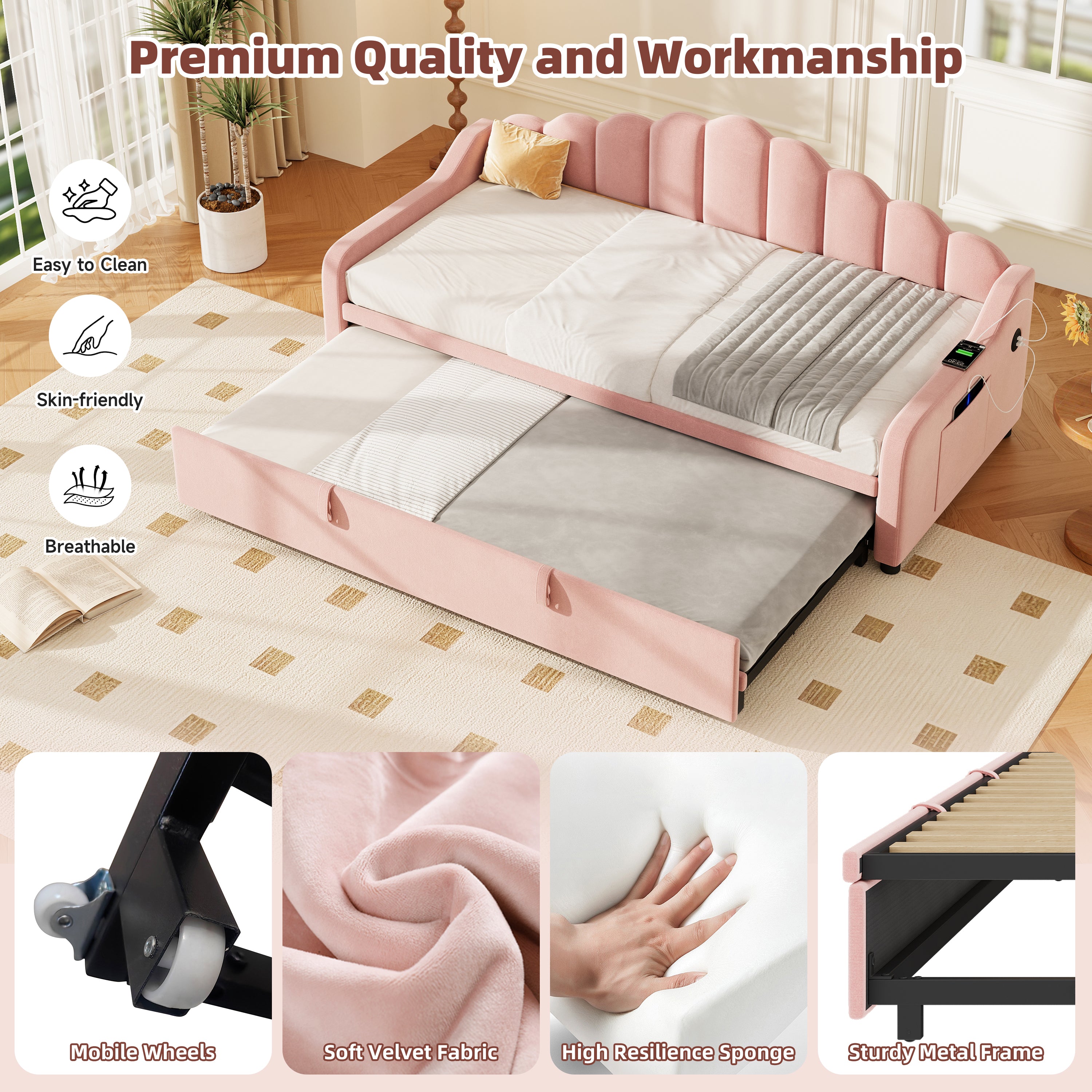 3ft Single Daybed with Pull-out Trundle, Velvet Upholstered Sofa Bed with Side Charging Station & Storage Pockets, Chic Fluted Scalloped Backrest, Pink (No Mattress)