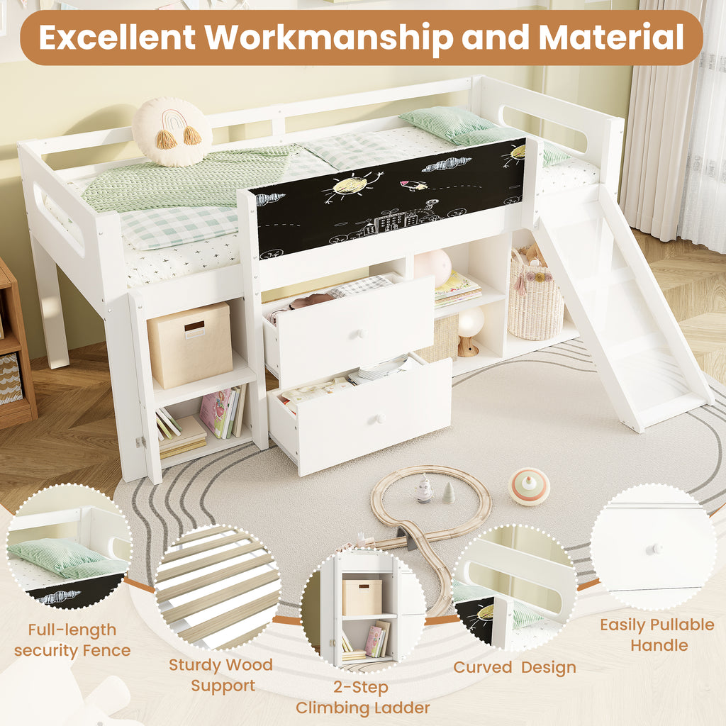 3ft Single Modern Wood Bed with Slide & Blackboard, Wooden Children's Cabin Bed with 2 Drawers & Storage Shelves, Interchangeable Ladder, Space-Saving Loft Bed, White (No Mattress)