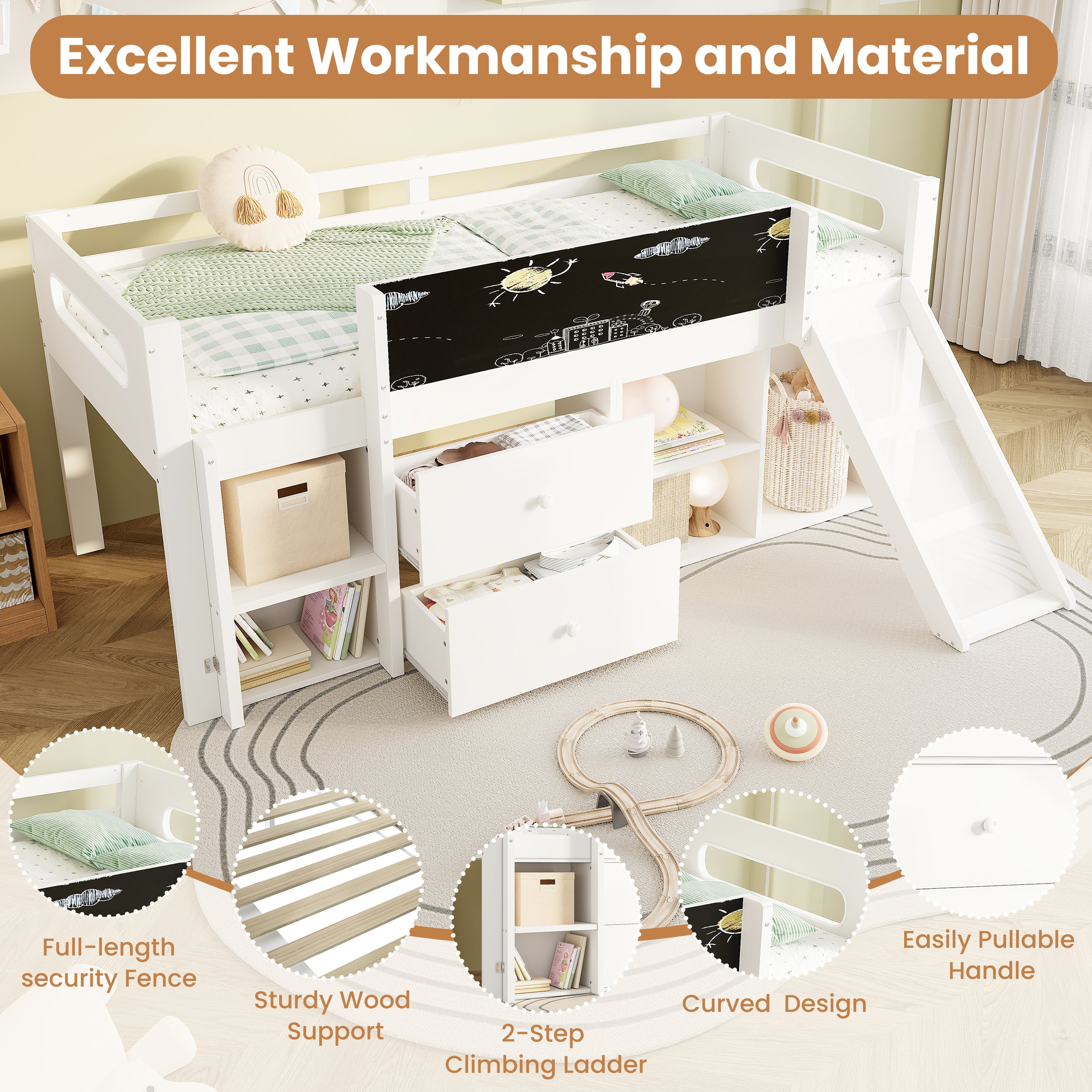 3ft Single Modern Wood Bed with Slide & Blackboard, Wooden Children's Cabin Bed with 2 Drawers & Storage Shelves, Interchangeable Ladder, Space-Saving Loft Bed, White (No Mattress)