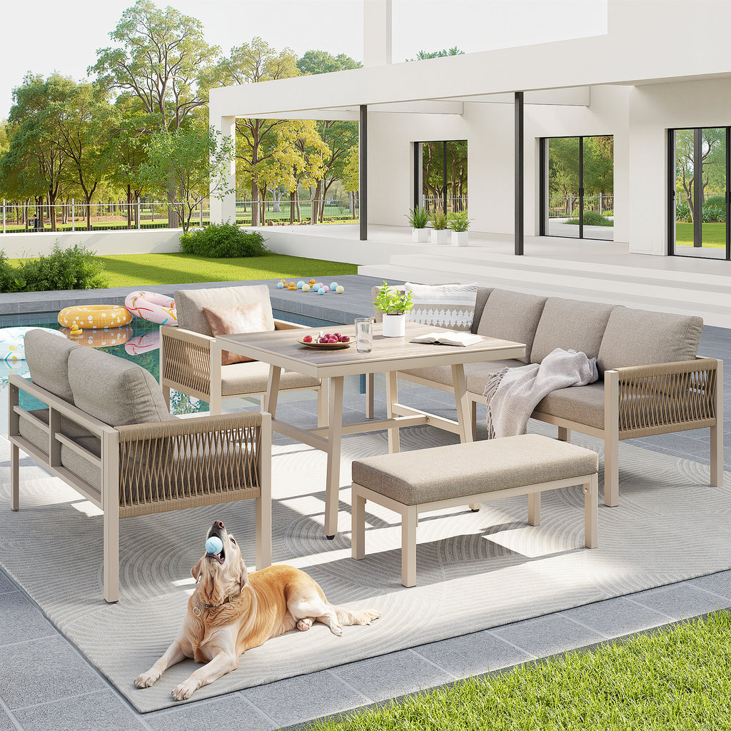 Handwoven L-shaped garden sofa set for up to 8 people, Sturdy iron frame with beige cushions, Complete with table (wood-look glass) & 1 armchair, Weatherproof patio furniture
