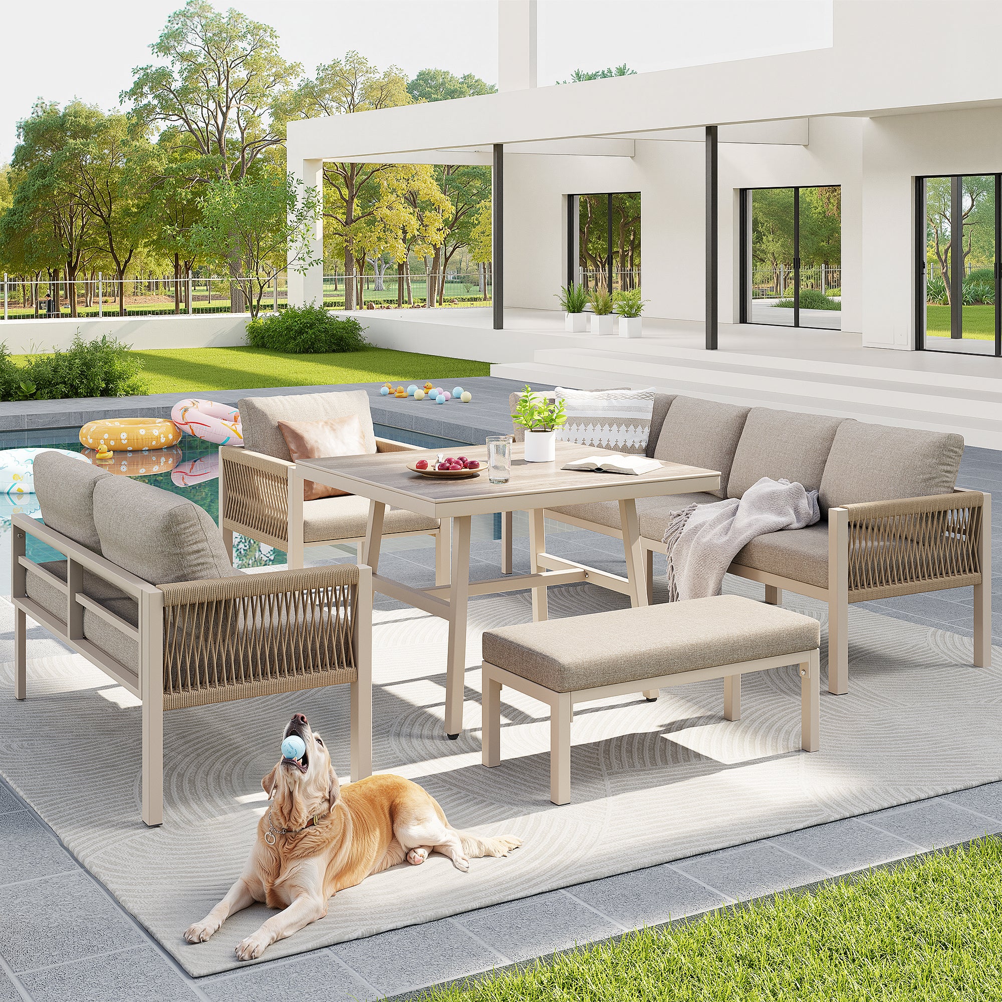 Handwoven L-shaped garden sofa set for up to 8 people, Sturdy iron frame with beige cushions, Complete with table (wood-look glass) & 1 armchair, Weatherproof patio furniture