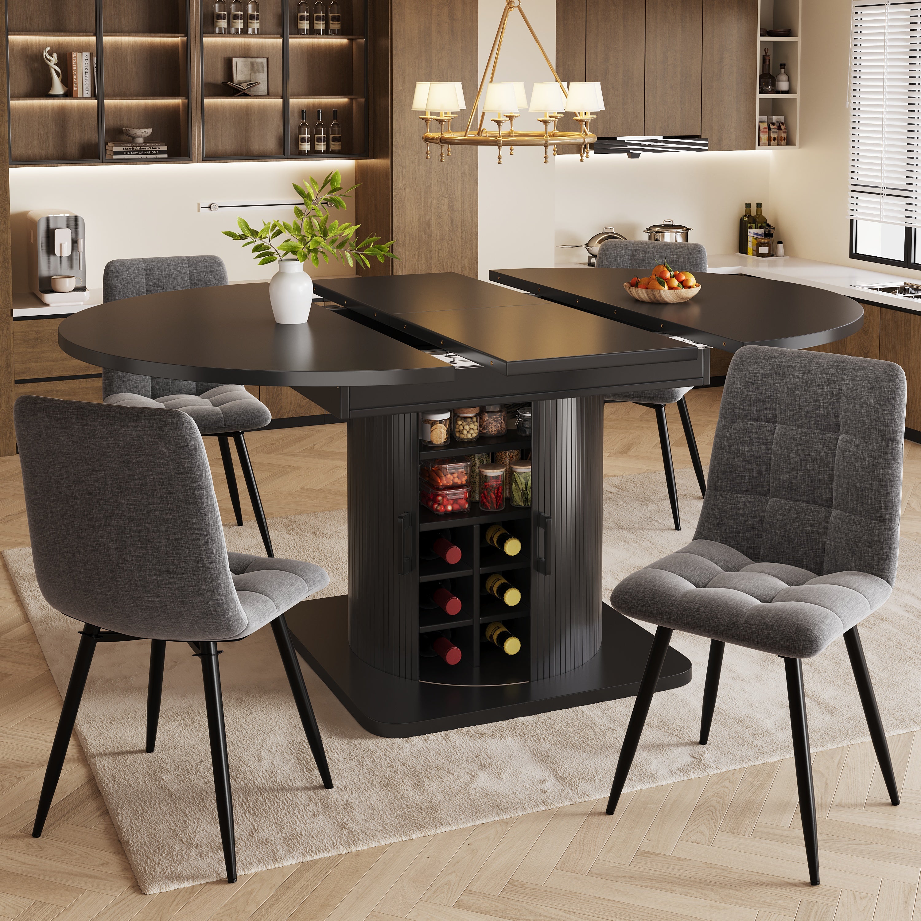 Extendable dining table with storage, multifunctional folding table with wine rack, space-saving kitchen table for small rooms and dining rooms, MDF tabletop, black