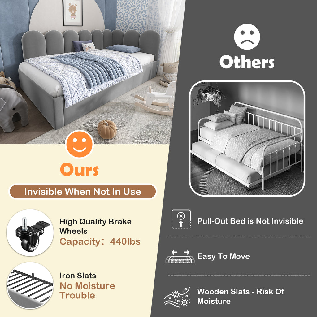 Upholstered Bed Daybed with Pull-Out Bed, 3FT Single Sofa Bed 90 x 190 cm, Guest Beds for Adults and Children, Bed with Slatted Frame, Velvet, Grey (No Mattress)