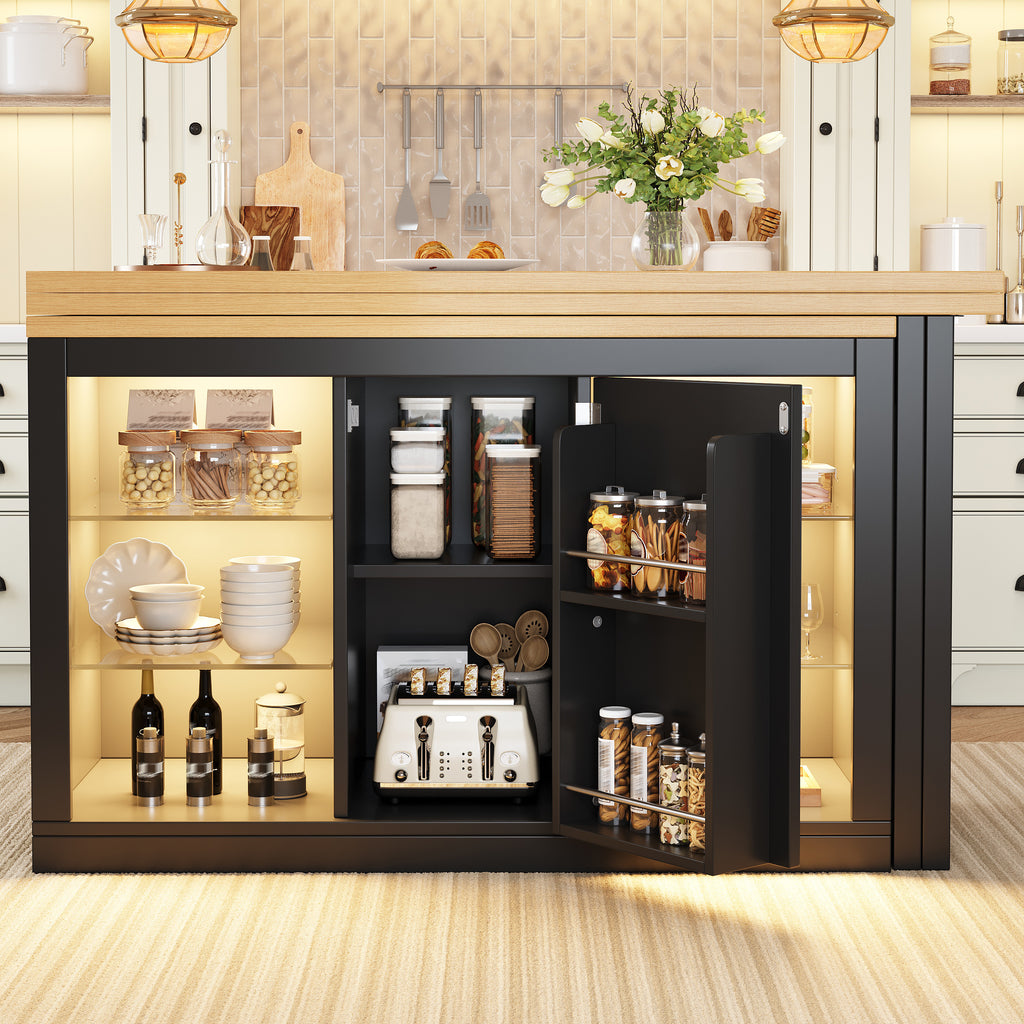 Extendable Sideboard with LED Lights, 120-197 cm Adjustable Dining Table with Storage, Kitchen cabinet with glass shelves & snack rack, White/Black