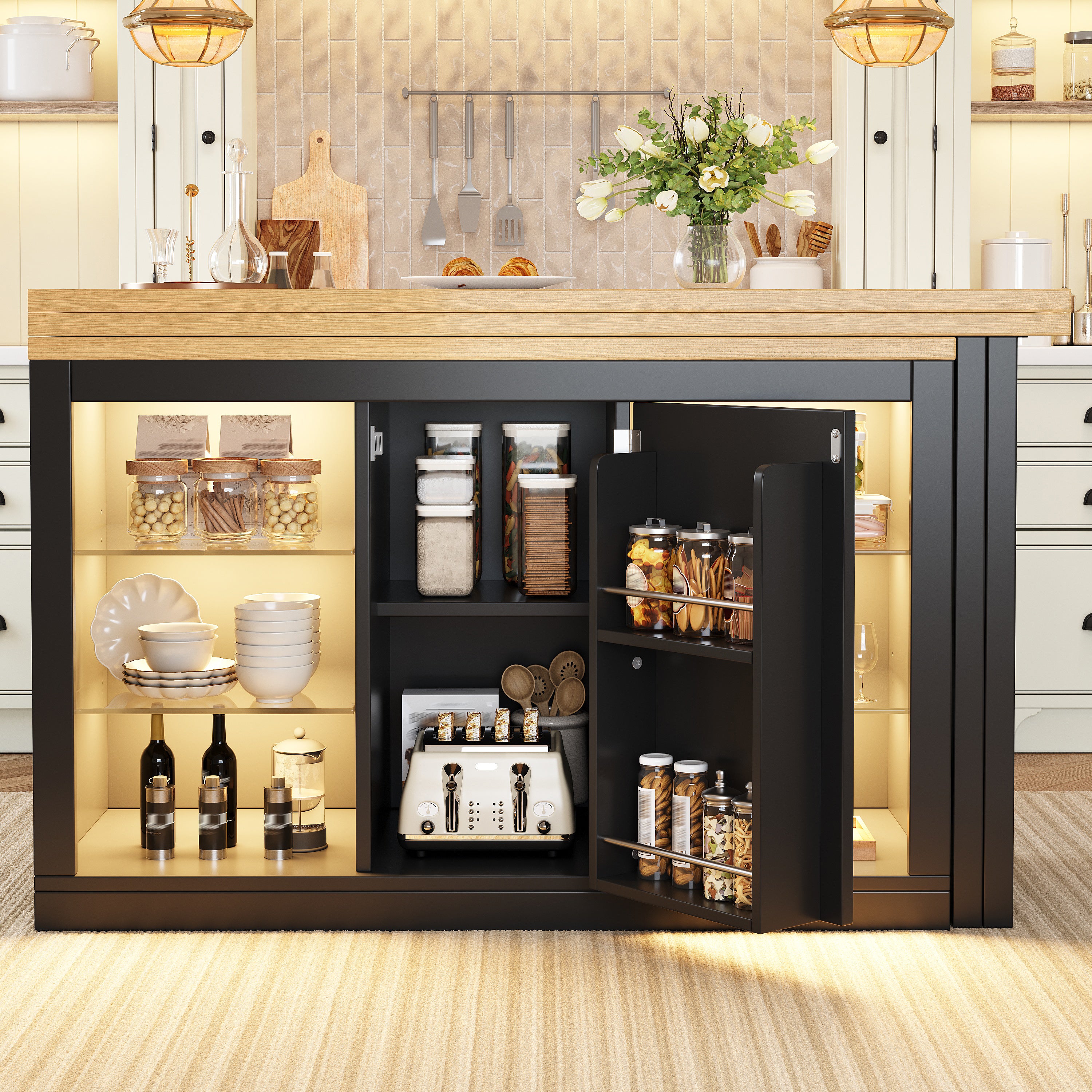 Extendable Sideboard with LED Lights, 120-197 cm Adjustable Dining Table with Storage, Kitchen cabinet with glass shelves & snack rack, White/Black