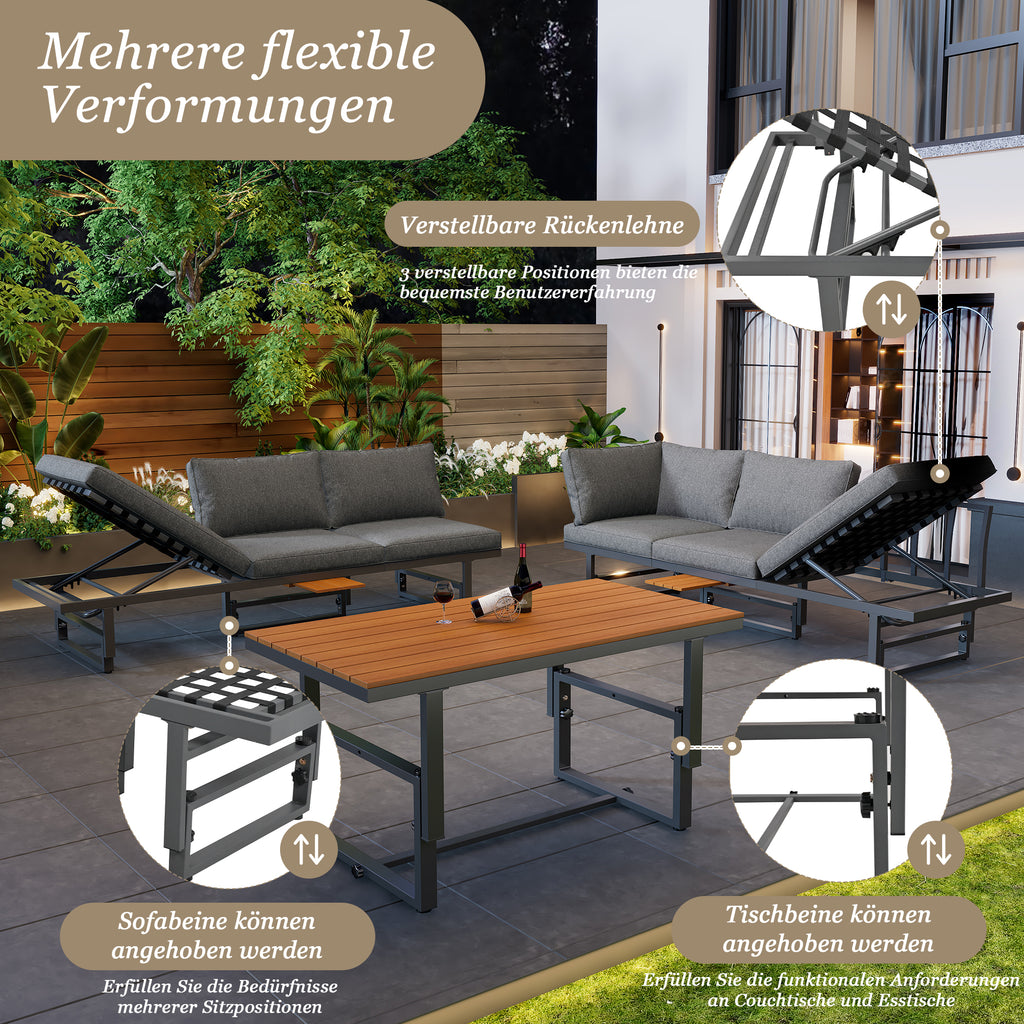 Outdoor Garden Furniture Set With 2 Sofas and Table with Galvanised Iron Frame, Adjustable Backrests, Adjustable Table, Acacia Wood, Including All Seat Cushions and Pillows, Grey