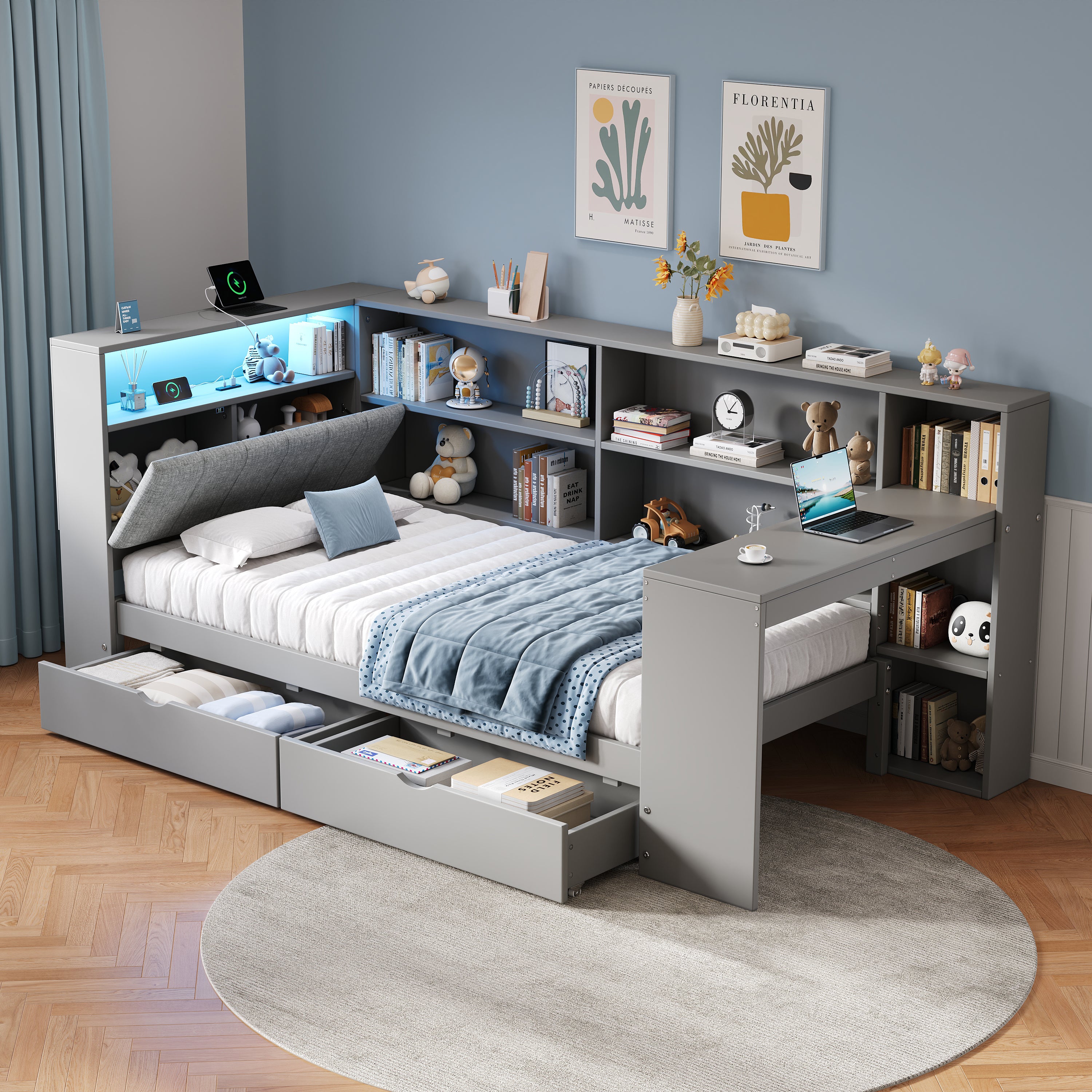 3ft Single L-Shape Daybed with Storage Drawers and Bookcase Storage, LED Linen Concealed Headboard Storage with Charging Station, Wood Bed for Living Room/ Bedroom/ Study Room, Grey (No Mattress)