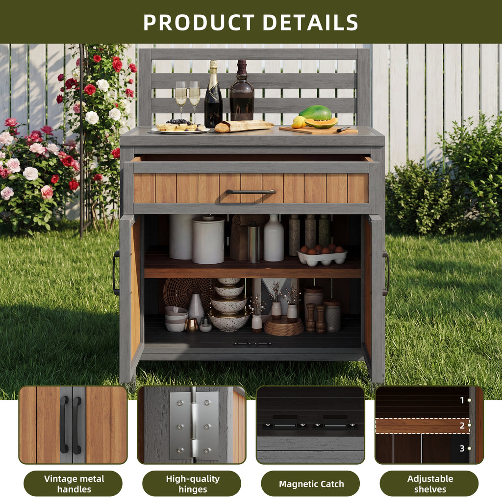 Wooden garden cabinet, weatherproof outdoor storage cabinet, outdoor cupboard with large work surface & drawer, grill station with adjustable shelves, weatherproof kitchen cabinet for patio, balcony