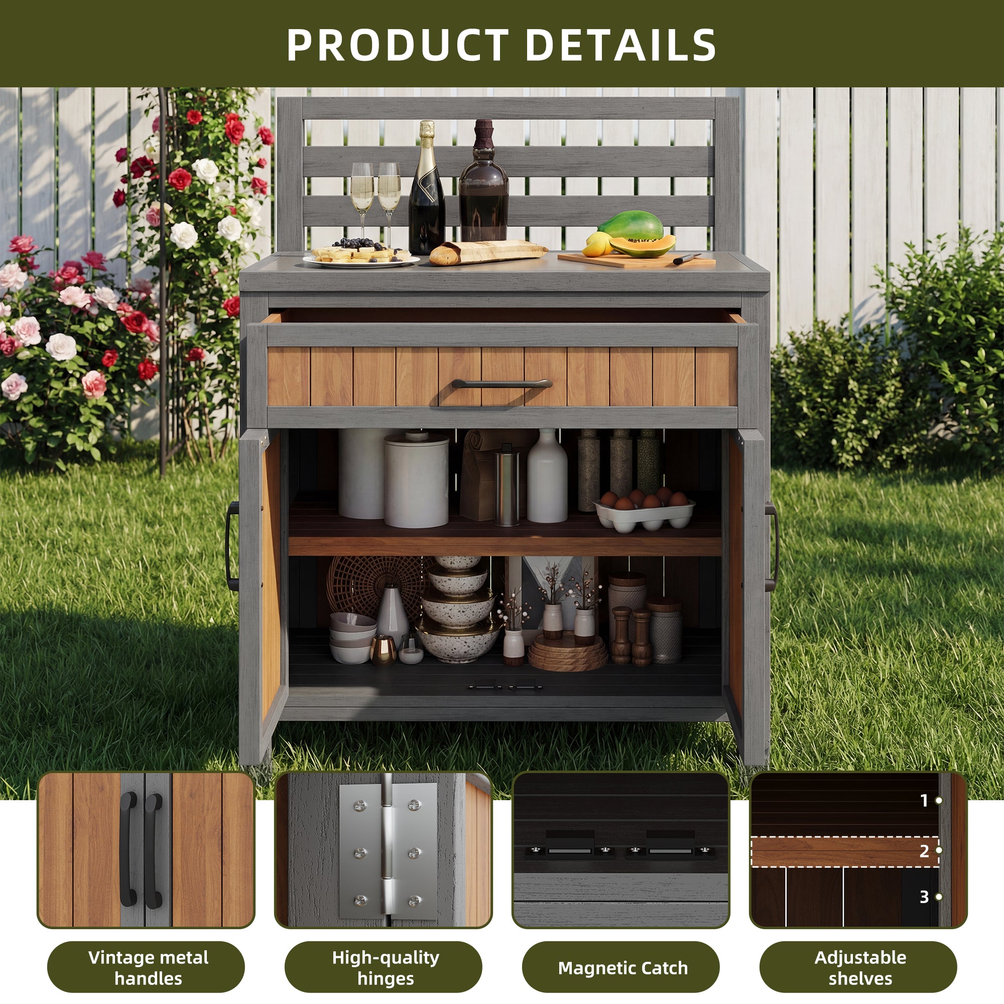 Wooden garden cabinet, weatherproof outdoor storage cabinet, outdoor cupboard with large work surface & drawer, grill station with adjustable shelves, weatherproof kitchen cabinet for patio, balcony