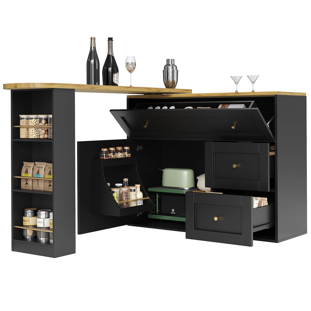 Extendable bar table with storage space (138-204×39×105cm), kitchen cabinet, sideboard with snack shelf, telescopic bar table, high table, bistro table, high table, kitchen island, black