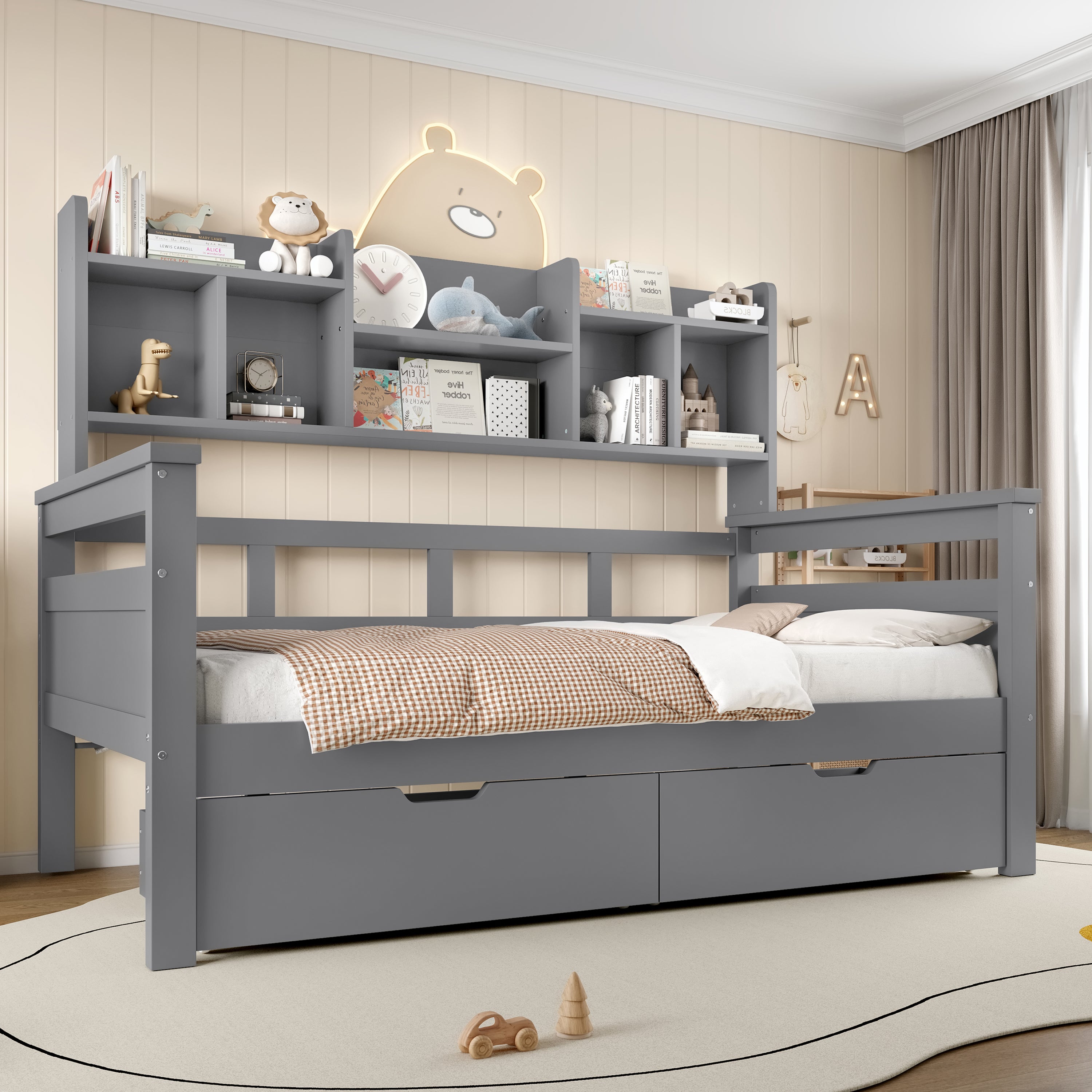 3ft Single Beds for Kids with Two Storage Drawers and Bookcase headboard, Wooden Bed Frame with Storage and Guardrail, Space-Saving Design for Bedroom, Dorm and Study Room, Grey (No Mattress)