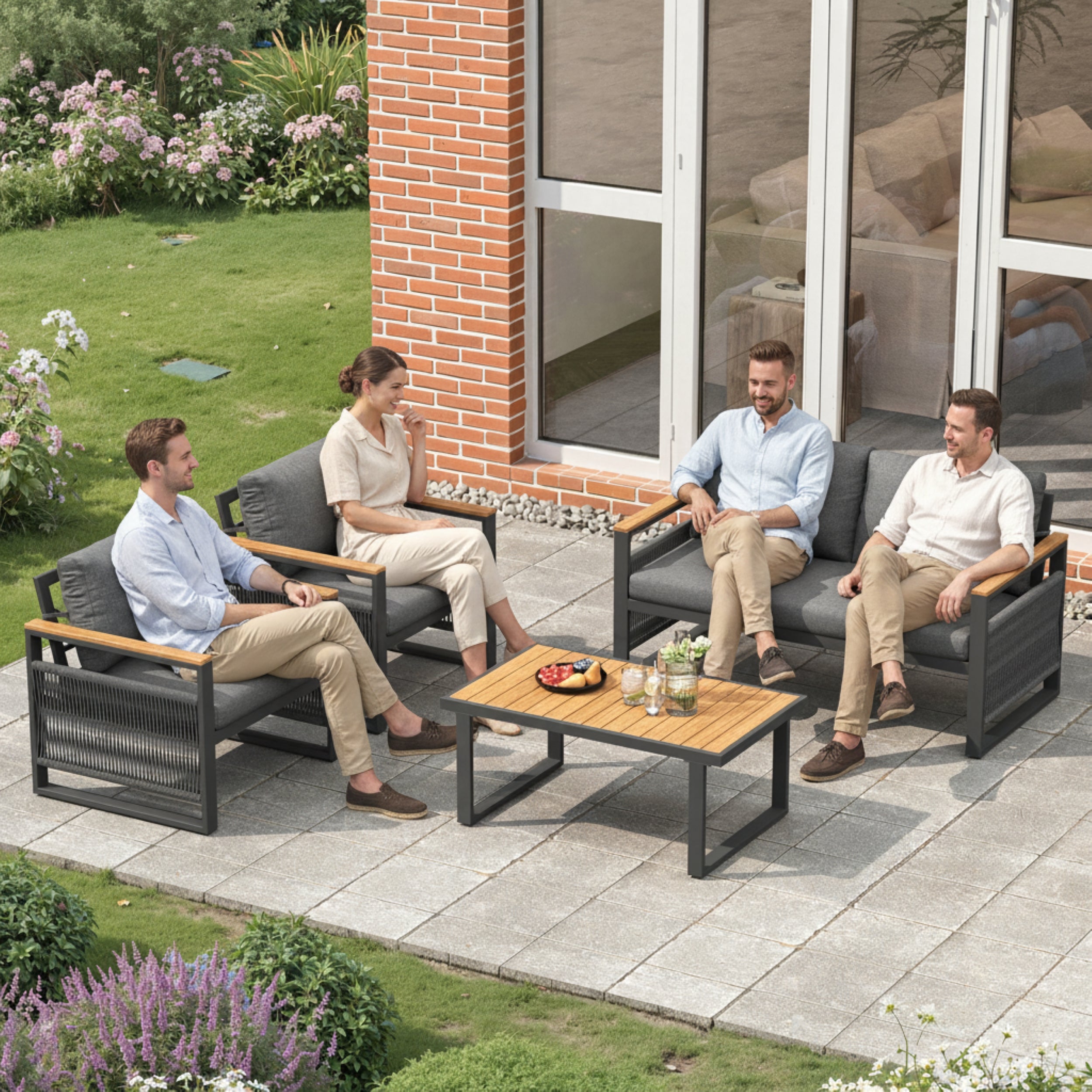 4 Seater Garden Set with Plastic Wood Coffee Table & Handrail, Polyester Rope Outdoor Set with Sofa and Armchairs, Weatherproof Outdoor Patio Sofa for Balcony and Terrace, Linen, Grey
