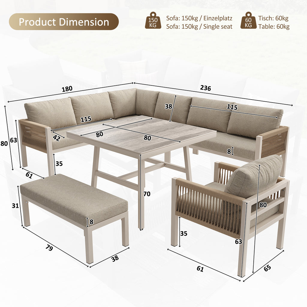 Handwoven L-shaped garden sofa set for up to 8 people, Sturdy iron frame with beige cushions, Complete with table (wood-look glass) & 1 armchair, Weatherproof patio furniture