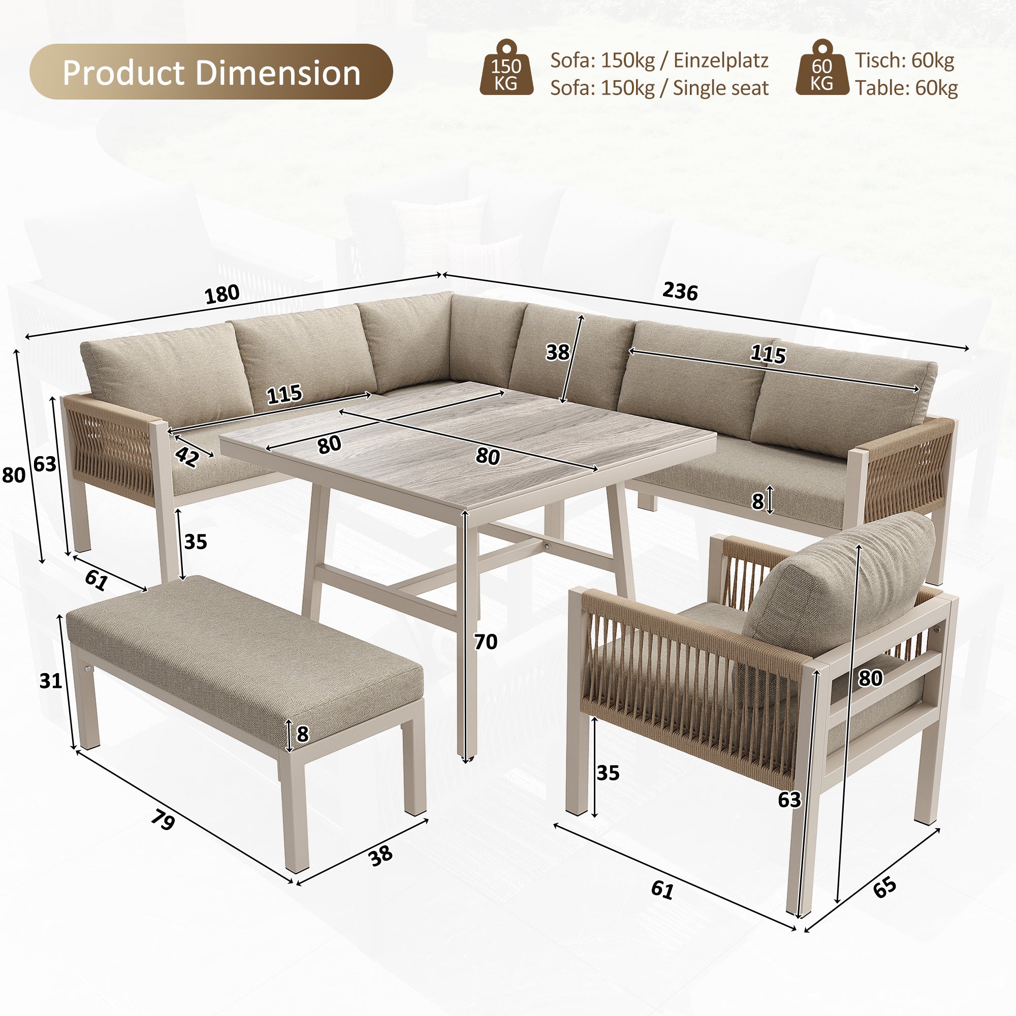 Handwoven L-shaped garden sofa set for up to 8 people, Sturdy iron frame with beige cushions, Complete with table (wood-look glass) & 1 armchair, Weatherproof patio furniture