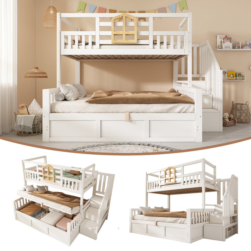 Bunk Beds for Kids, Staircase Bunk with Hydraulic Storage, Children's Bed with Storage Cube, Double Bunk Bed for Family with Multiple Children, (90+135) x 190 cm, Solid Wood, White