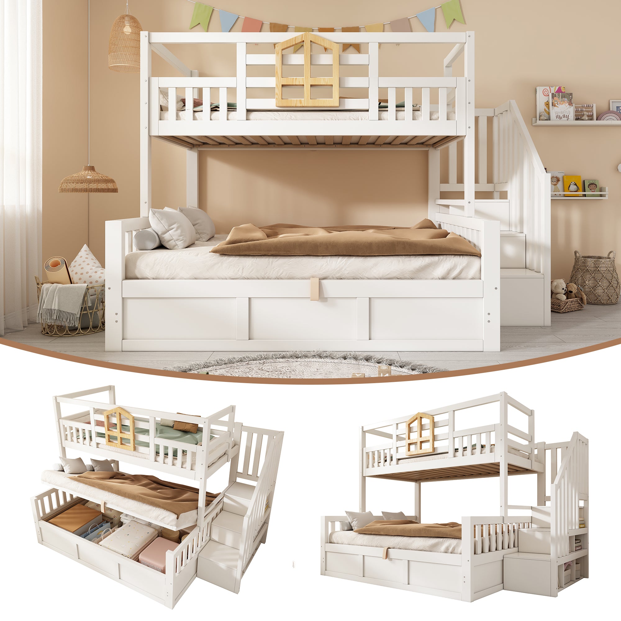 Bunk Beds for Kids, Staircase Bunk with Hydraulic Storage, Children's Bed with Storage Cube, Double Bunk Bed for Family with Multiple Children, (90+135) x 190 cm, Solid Wood, White