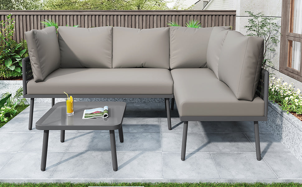 Outdoor Patio&Backyard Furniture Garden Lounge Set for 4-5 people, Thick Quality Space Saving L-Shaped Corner Sofa with Glass Coffee Table, Grey