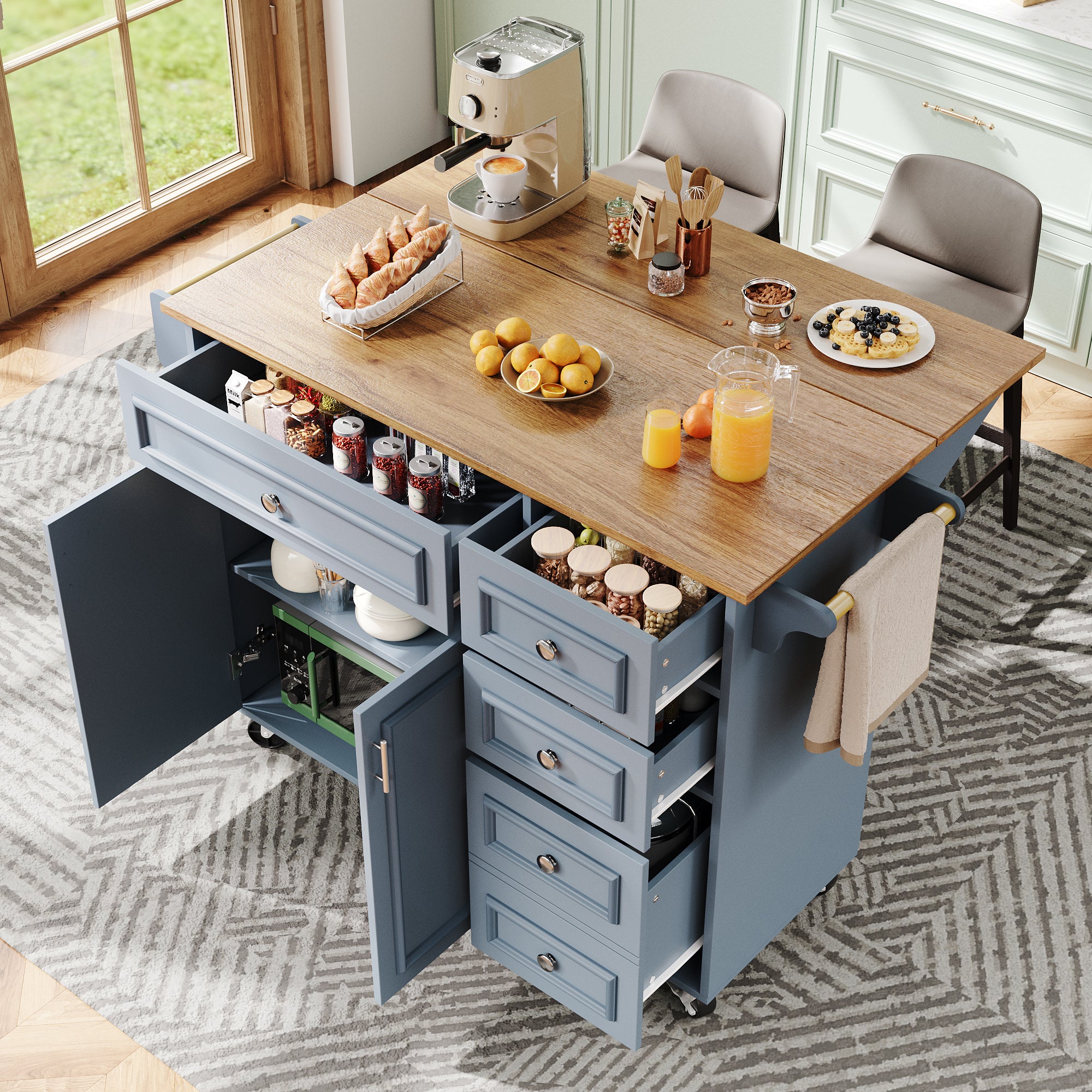 Kitchen island (110×45-75×92cm), removable serving trolley buffet cabinet, dining trolley with vintage pattern, buffet cabinet, multifunctional dining table with storage space, Blue