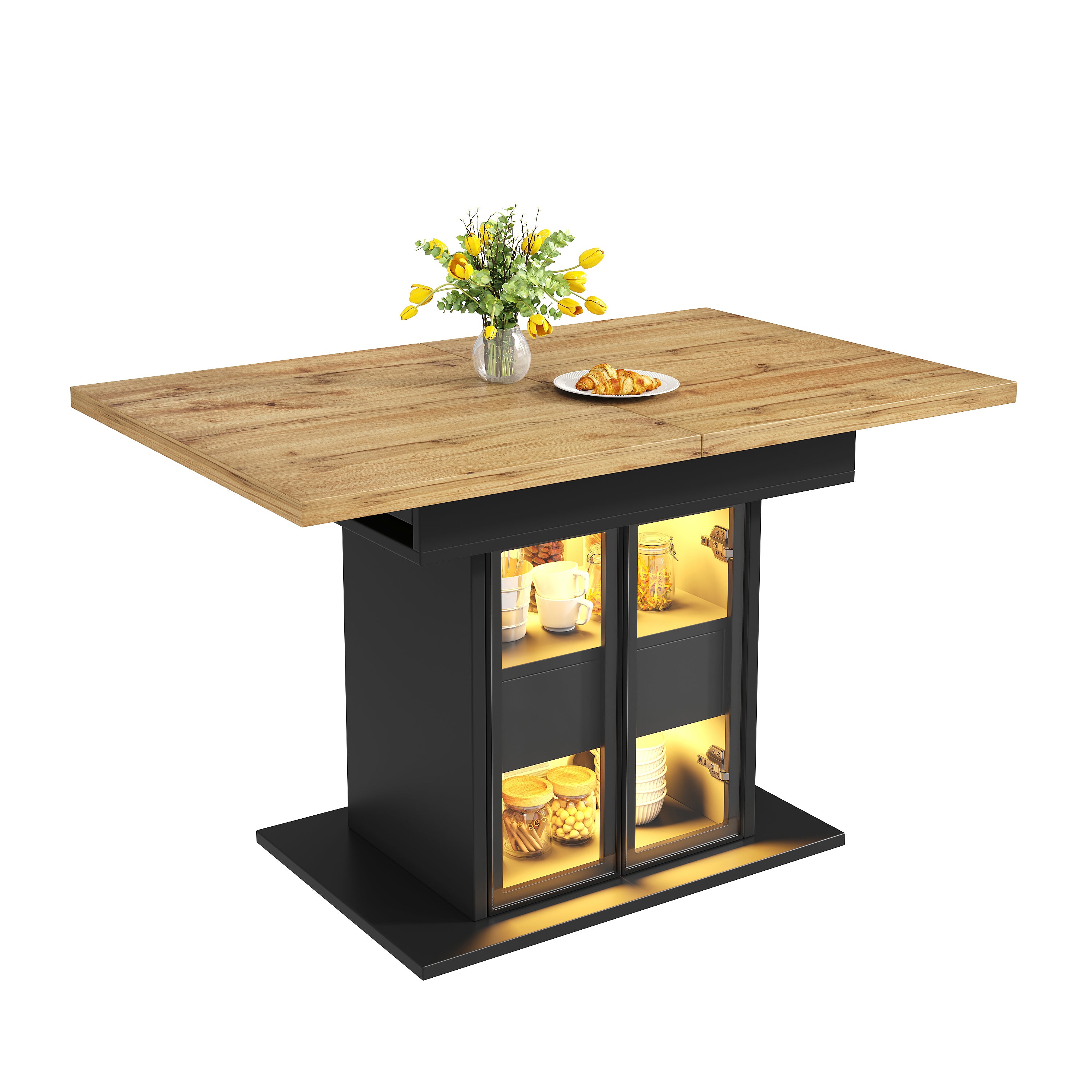 Extendable dining table with storage space & RGB LED lighting, 110–140cm, glass sliding doors & concealed push handles, white/black