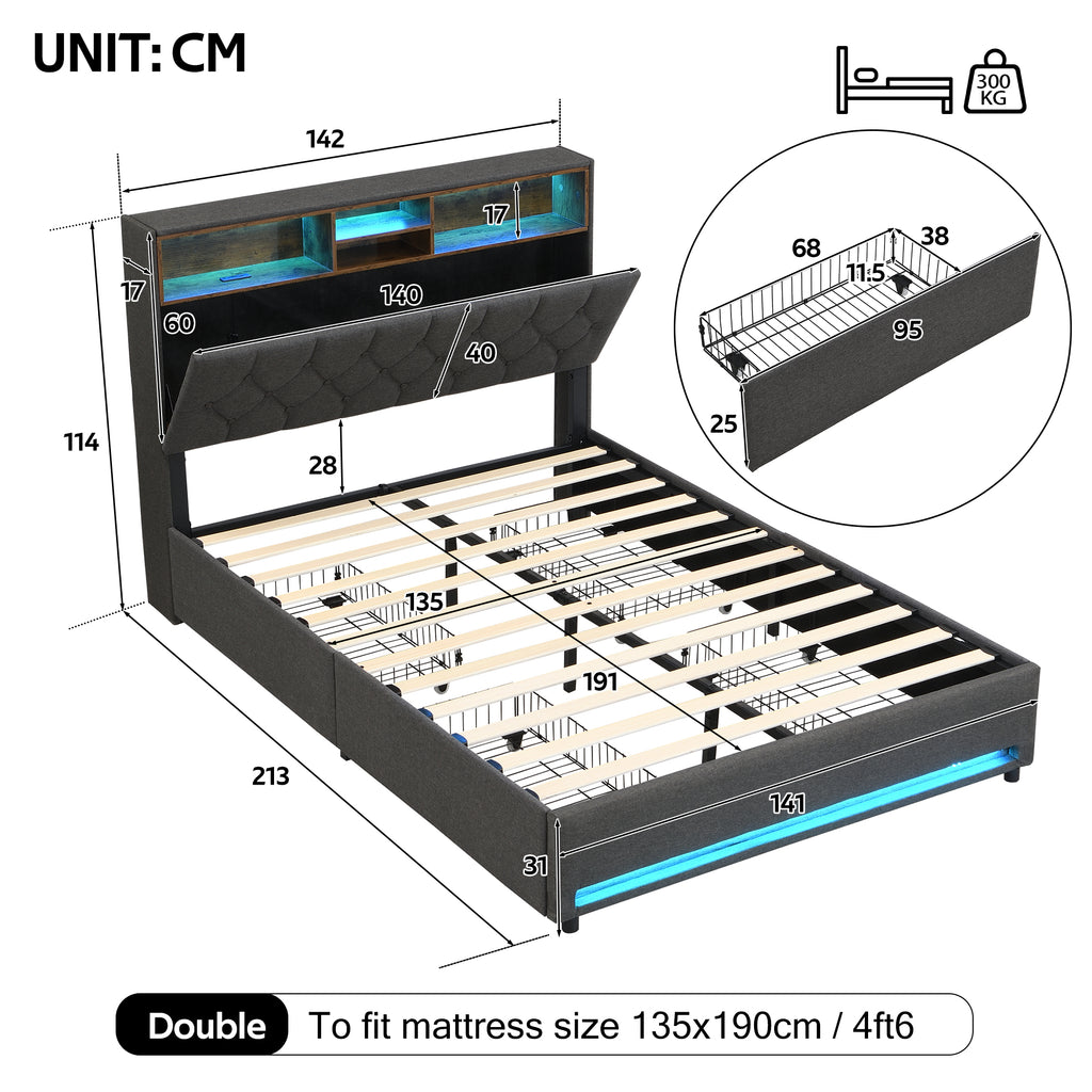 Double Bed with 4 Storage Drawers, Bed Frame with Concealed Headboard Storage, Button Tufted Headboard with RGB LED Lighting and Charging Station, Linen, Grey(No Mattress)