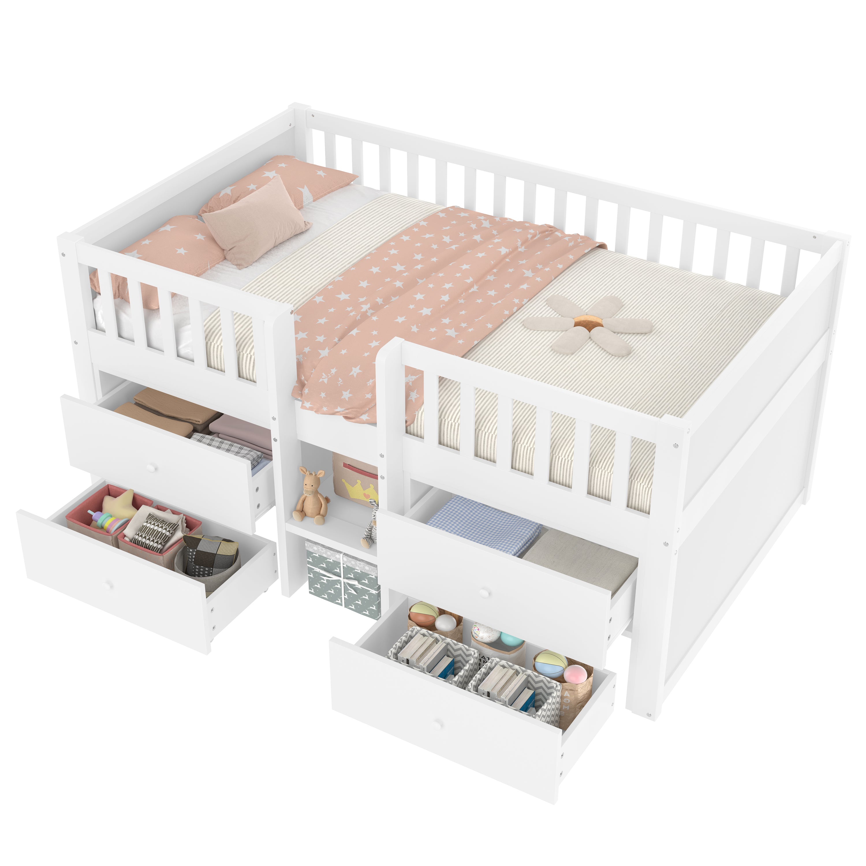 Low Loft Bed with Storage, Solid Wood Bed Frame with Drawer Storage, 3ft Single Bed with Guardrail, No Box Spring Needed, Saving-space Design for Bedroom, Modern Bed for Children, White (No Mattress)