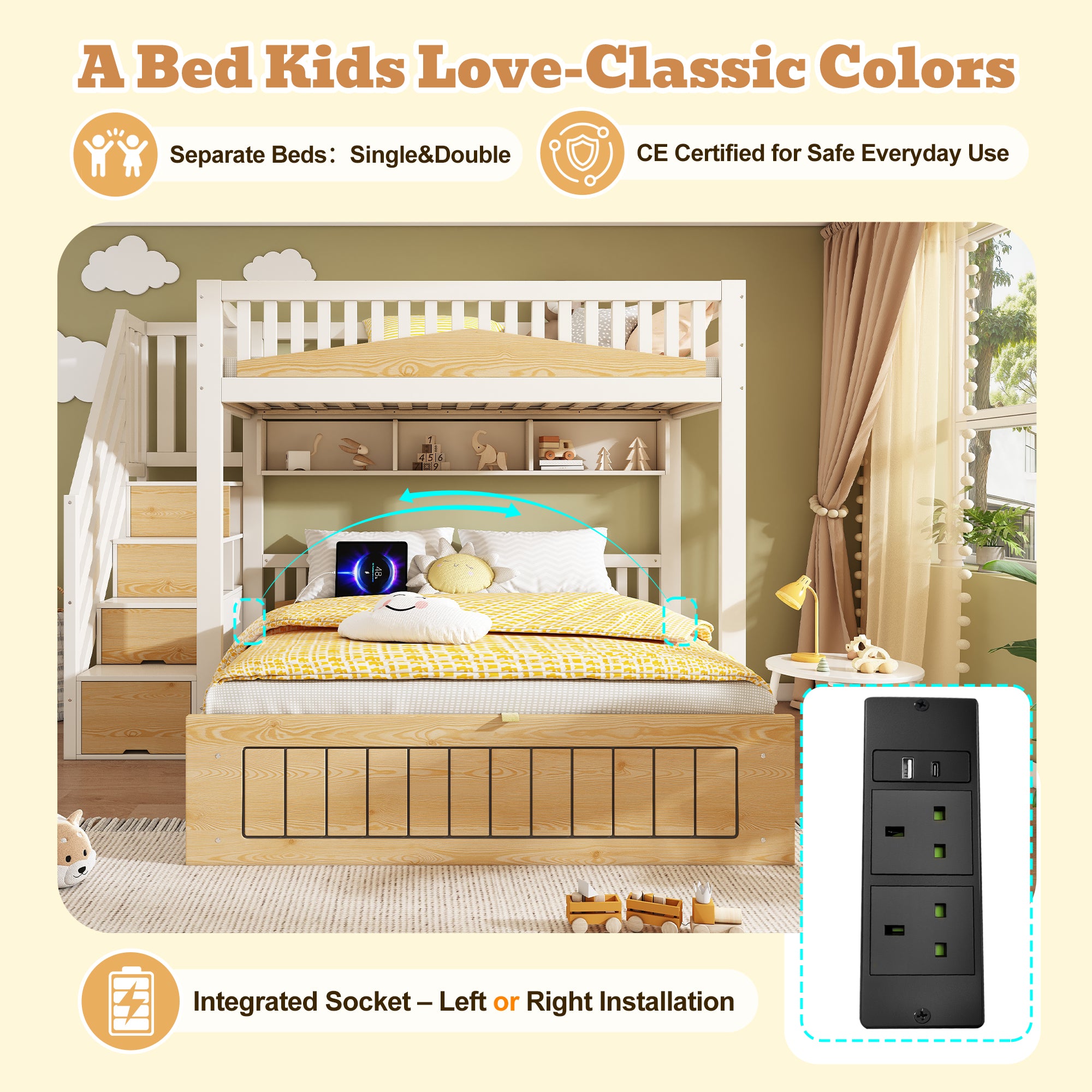Offset Bunk Beds for Kids, Staircase Bunk with Hydraulic Storage & USB Charging, Children's Bed Double Bed for Family with Multiple Children, (90+135) x 190 cm, White & Natural