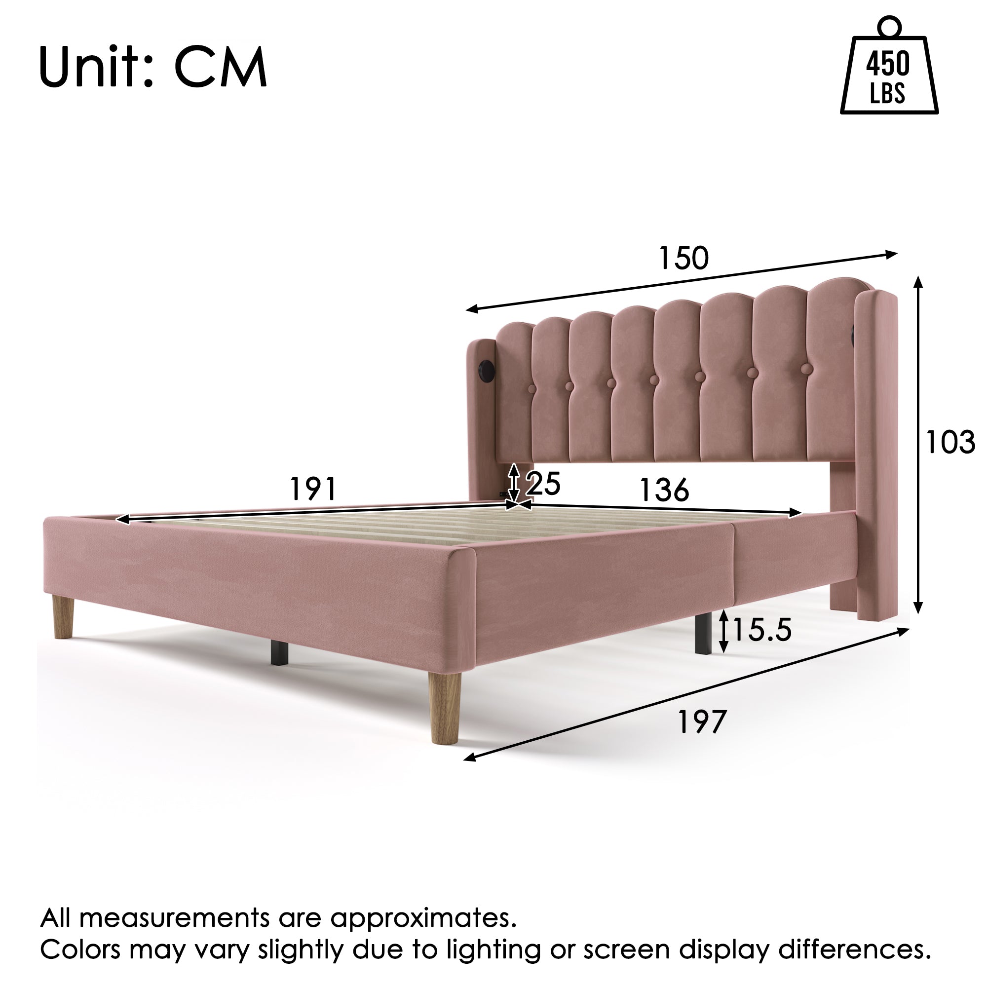 Upholstered Double Bed with USB and Type-C Charging, Bed Frame with Wooden Slatted Frame, Teenager Bed for Bedroom & Guest Room, 4ft6 135 x 190 cm Bed Frame, Pink, Velvet Material (No Mattress).