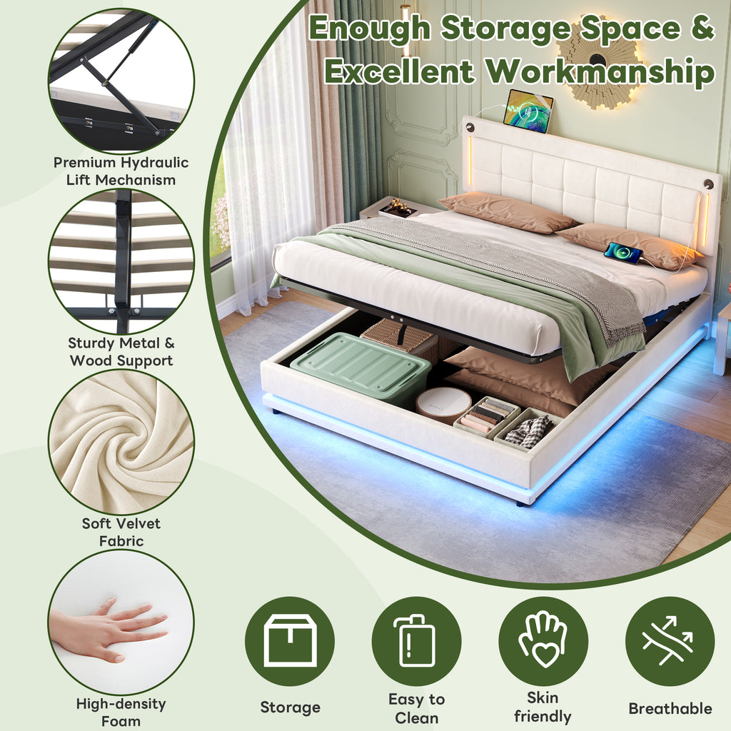 5ft King LED Hydraulic Bed with Charging Station, Adjustable Square Tufted Headboard with Intelligent Control Light, Soft Velvet Bed Frame with USB and Type - C Ports, Beige (No Mattress)