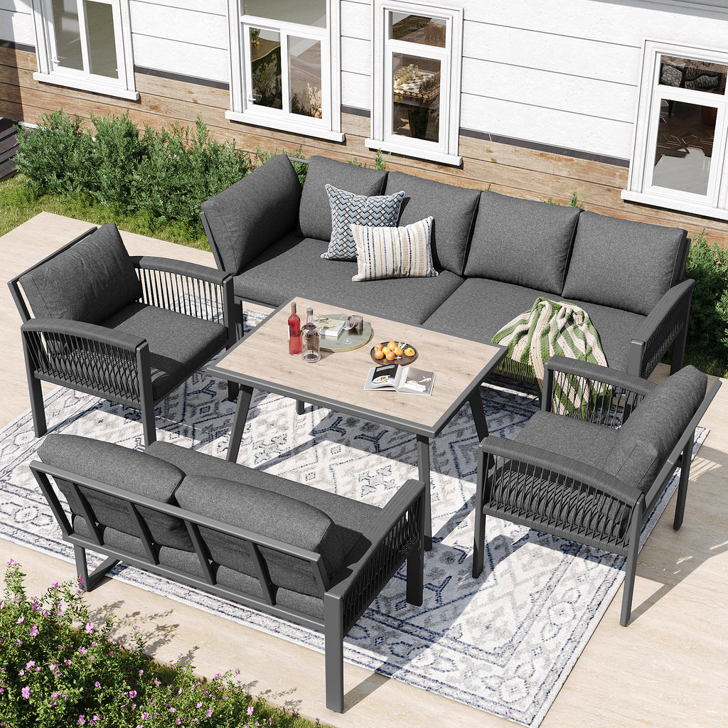 Garden Lounge Set, Furniture Set for 8 People, Ropework, Large Table with Wood Grain Finish, Galvanized Iron Frame, Adjustable Legs, All Seat and Back Cushions Included, Gray