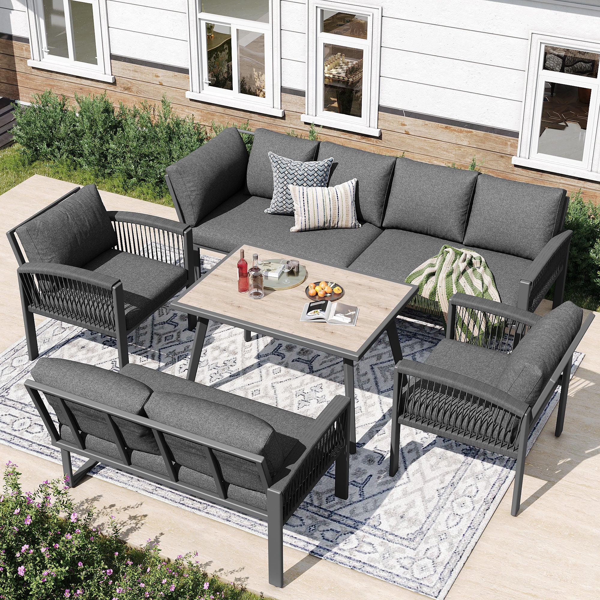 Garden Lounge Set, Furniture Set for 8 People, Ropework, Large Table with Wood Grain Finish, Galvanized Iron Frame, Adjustable Legs, All Seat and Back Cushions Included, Gray