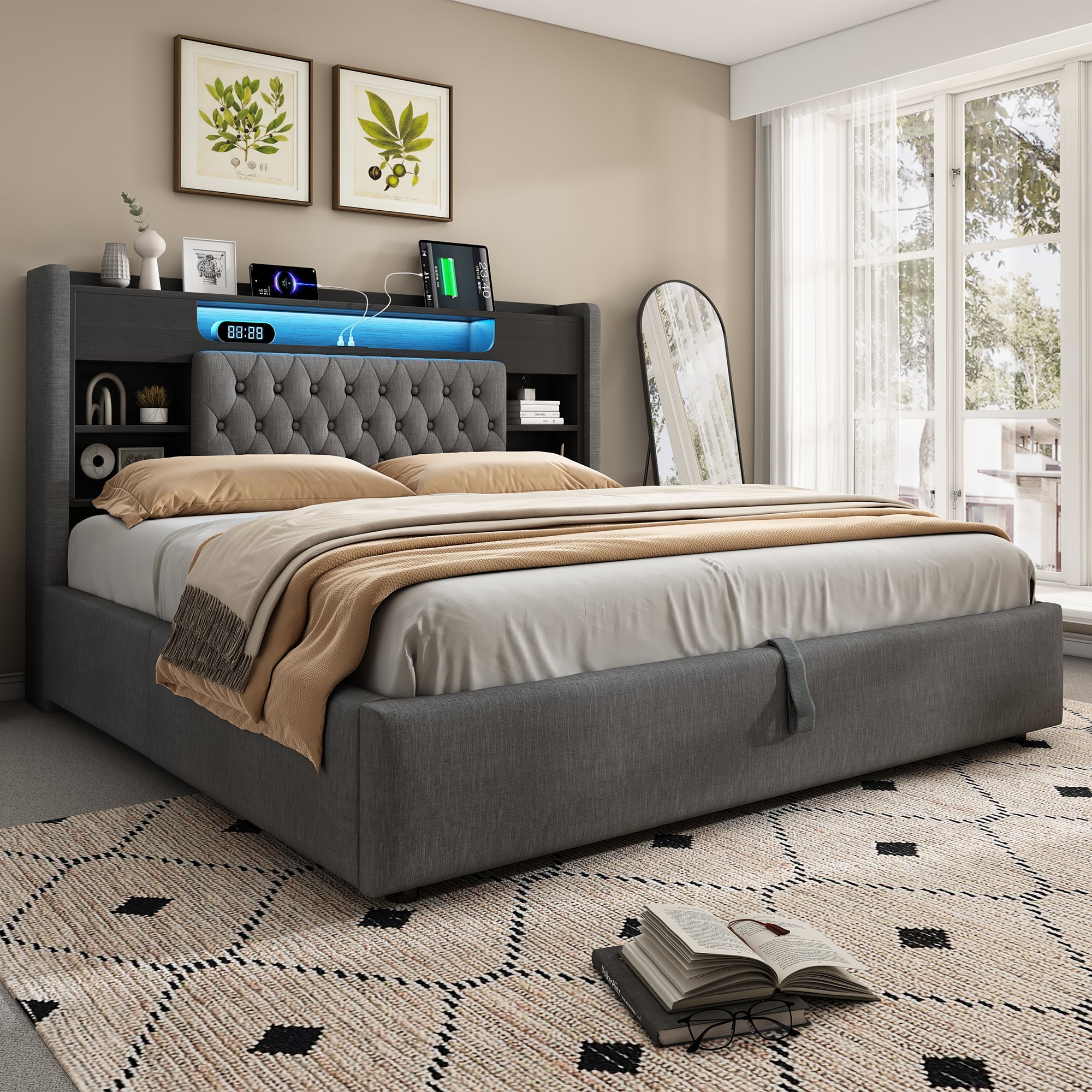 5ft King Bed with Hydraulic Storage, Upholstered Bed Frame with LED Lighting & Charging Station, Storage Headboard for Cellphones & Tablets, 150 x 200 cm, Linen, Grey (No Mattress)